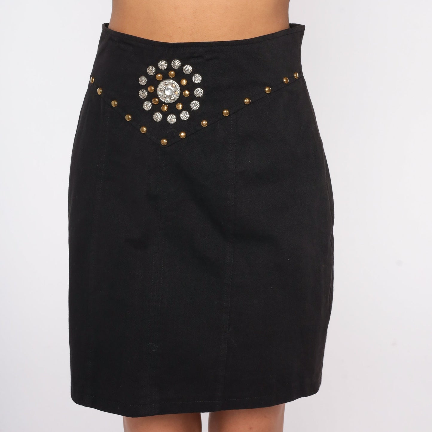90s Black Studded Mini Pencil Skirt High Waist Cotton Small S