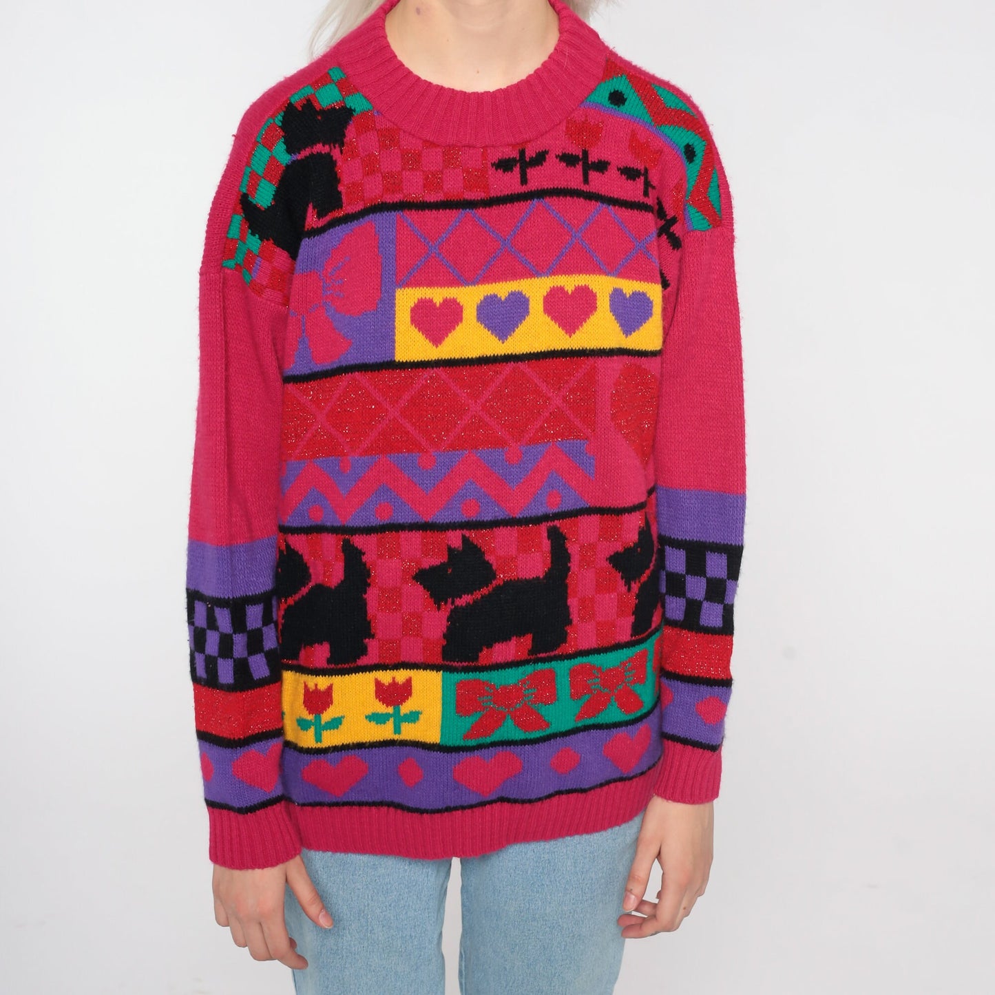 80s Scottie Dog Knit Sweater Pink Geometric Hearts Flowers Bows Medium