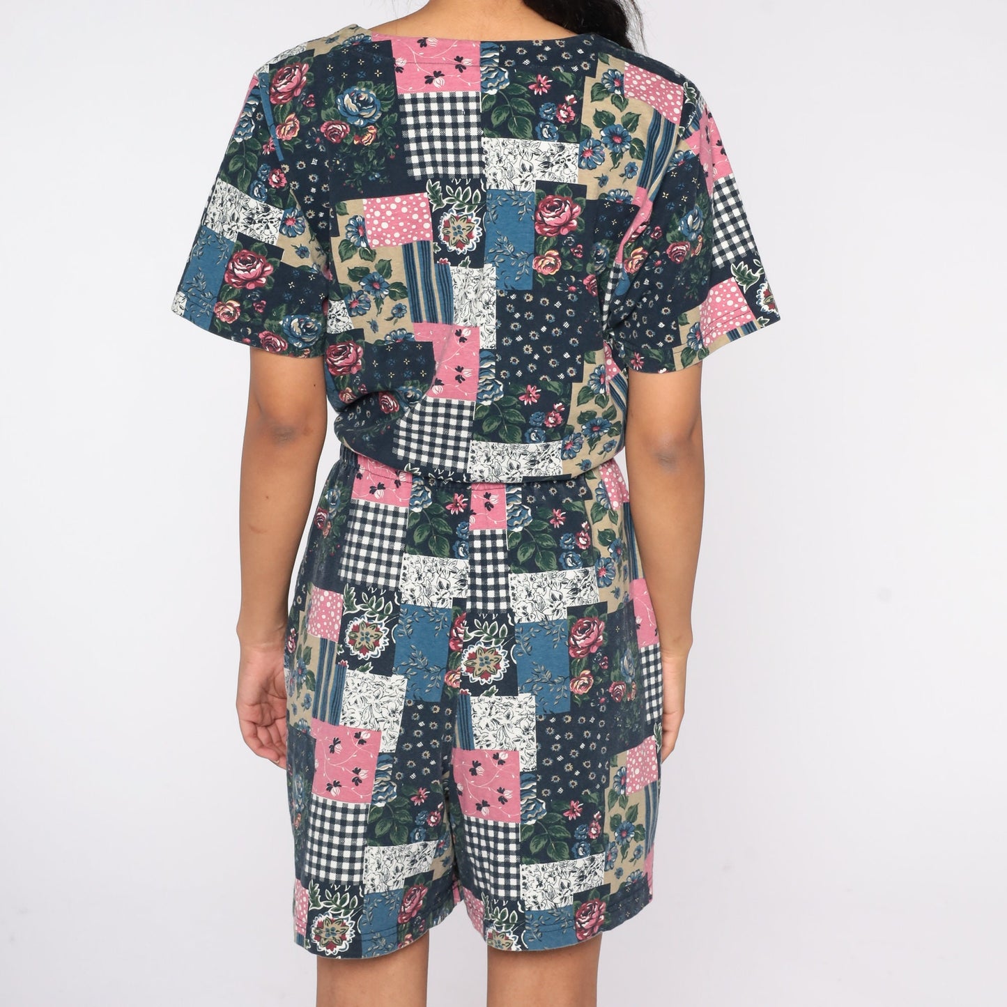 90s Patchwork Floral Wide-Leg Romper Cotton Button-Up Playsuit Medium