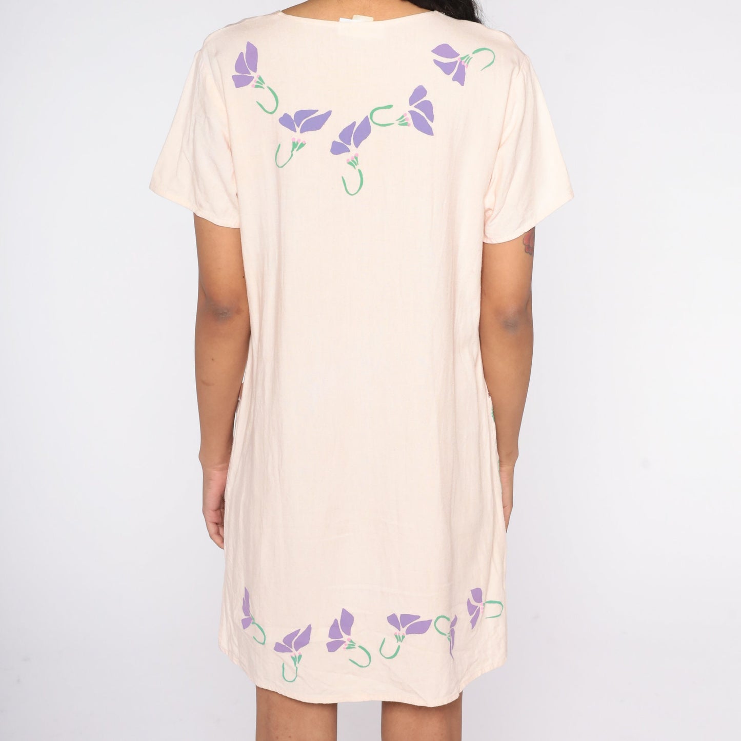 90s Floral Linen T-Shirt Dress Beige Pocket Mini Small