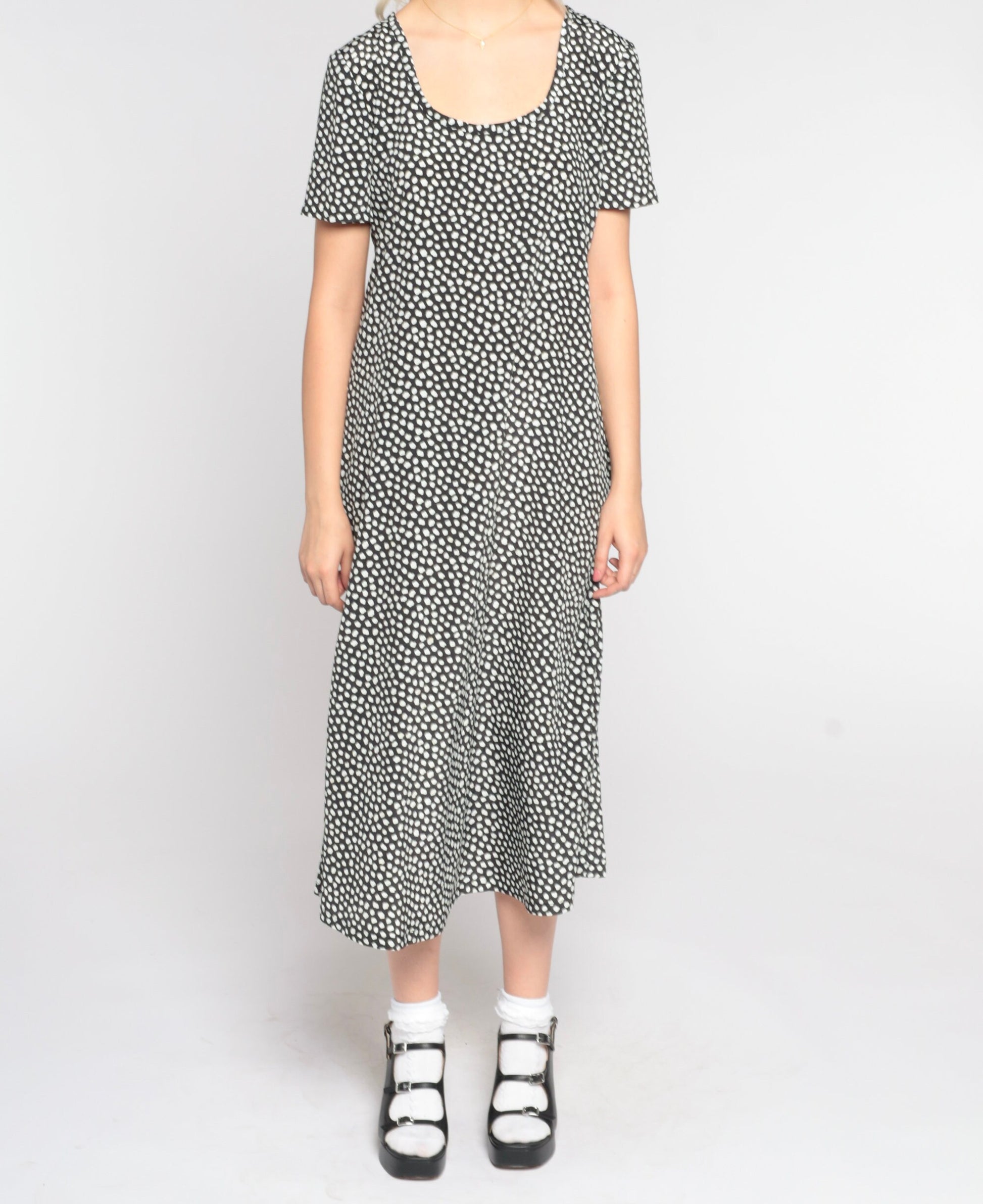 90s Black & White Polka Dot Midi Dress Short Sleeve Tie Back Small Medium