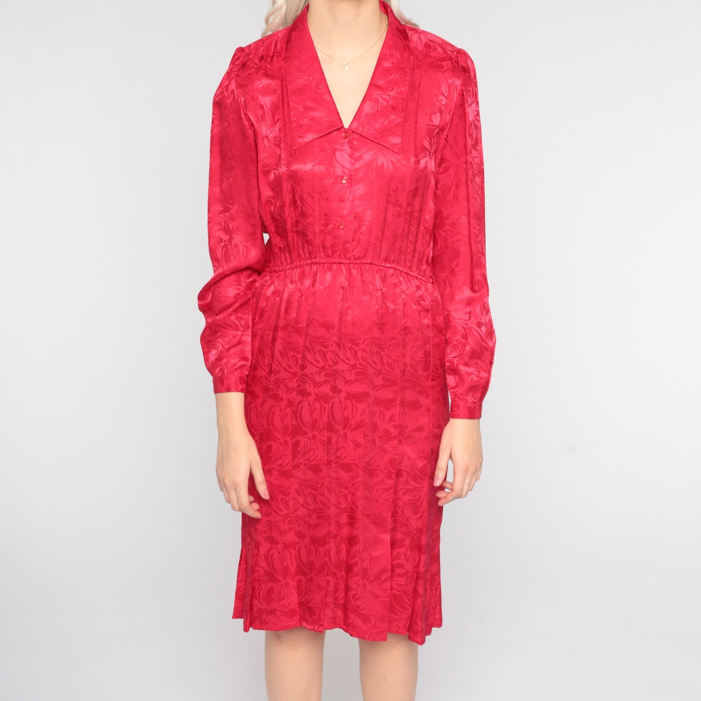 80s Red Silk Floral Midi Shirtdress Pleated Puff Sleeve Button-Up Extra Small XS