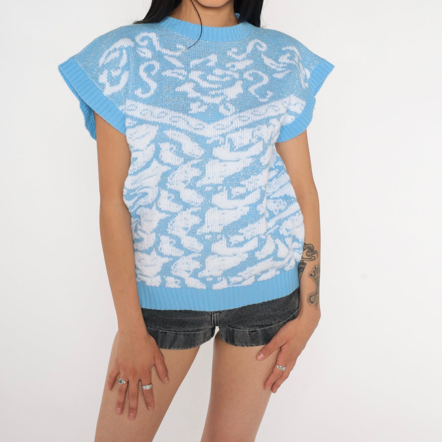80s Metallic Floral Knit Sweater Cap Sleeve Blue Slouchy Large L