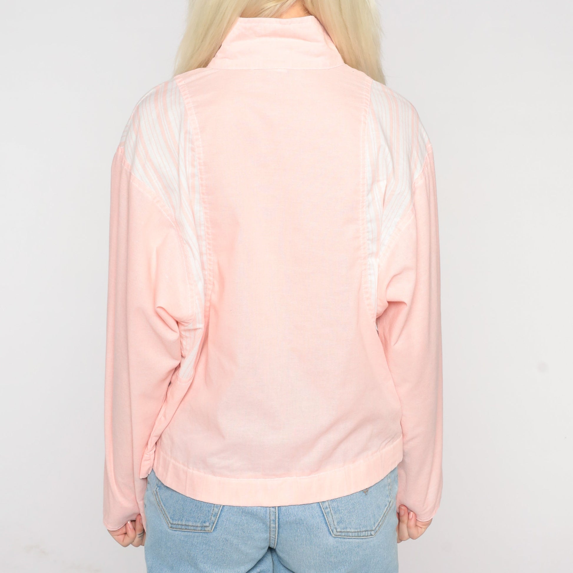 80s Baby Pink Windbreaker Jacket Striped Shoulder Zip-Up Small