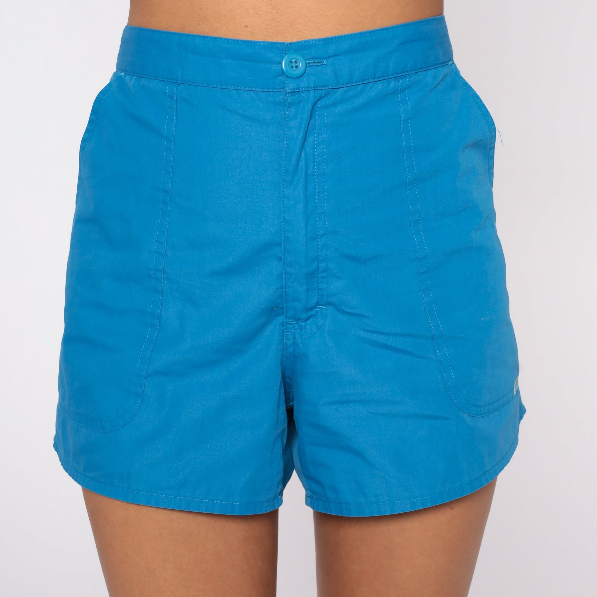 80s Blue High-Waisted Shorts Cotton Blend Trouser Pockets Medium