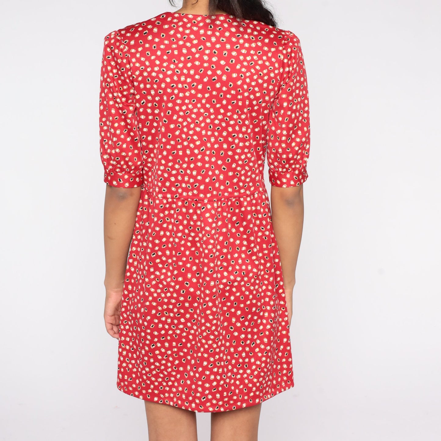 70s Red Abstract Dot Print Mini Dress High Waist V Neck Short Sleeve Medium M