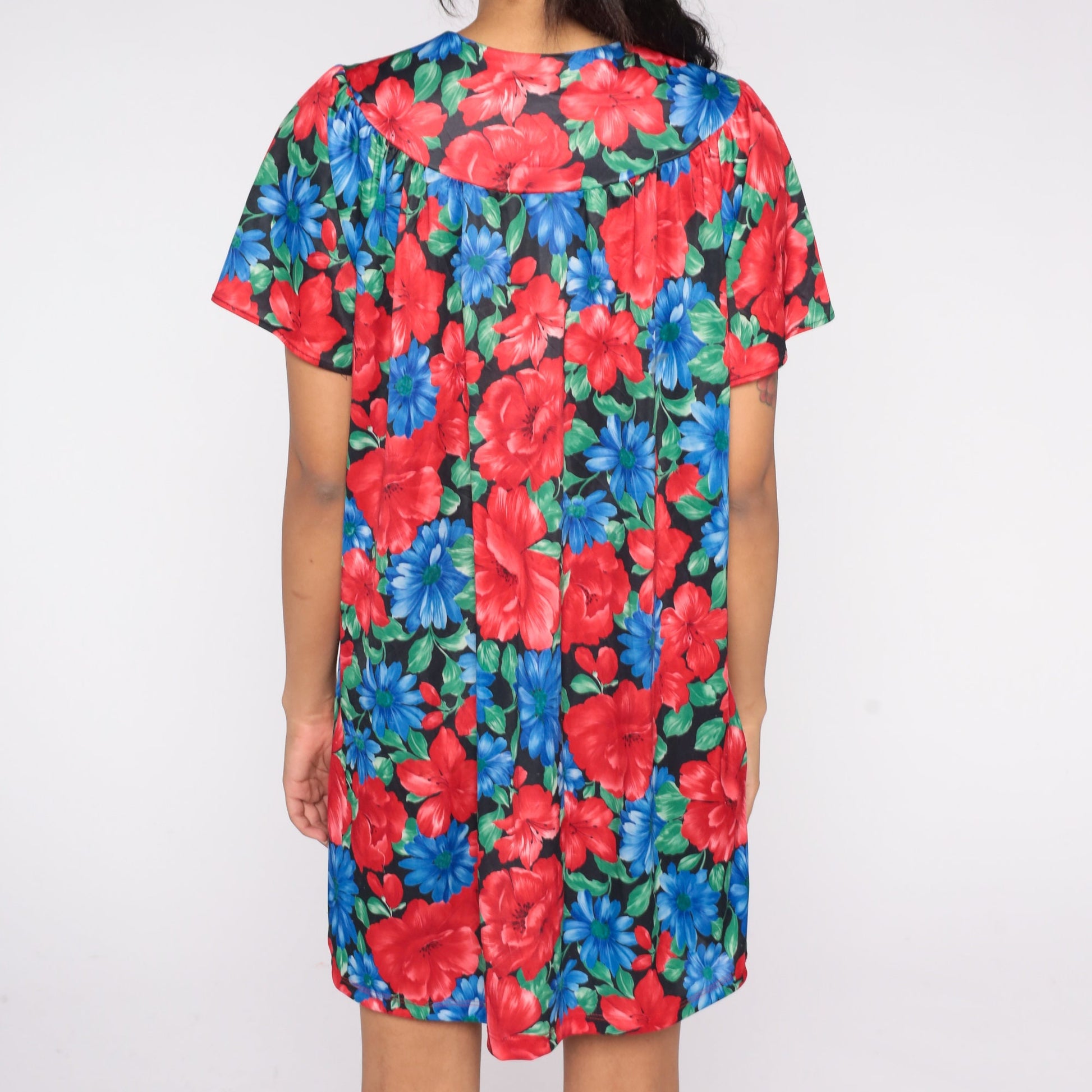 80s Floral Pajama Dress Red Blue Mini Nightgown Button Front Large