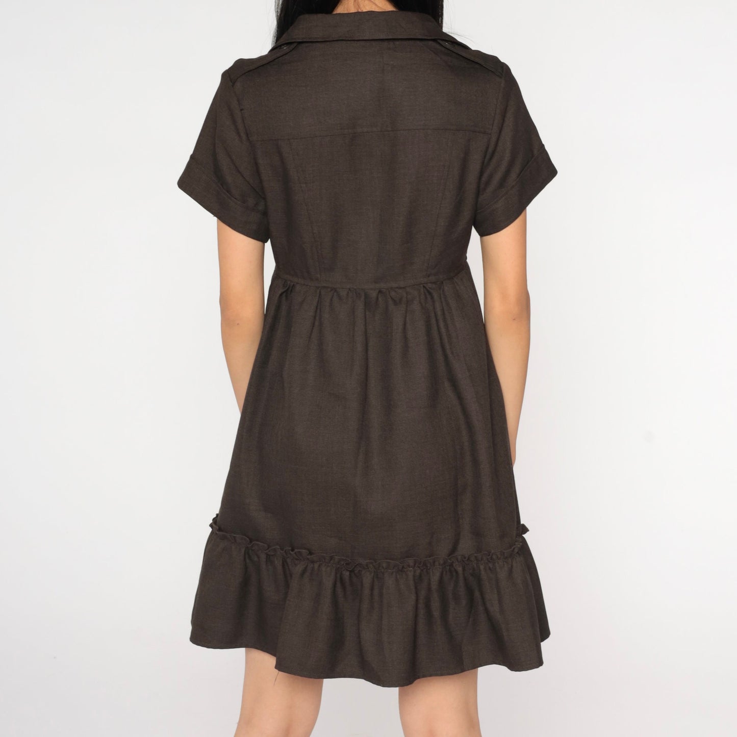 Y2K Brown Babydoll Mini Dress Empire Waist Short Sleeve Button Up Extra Small