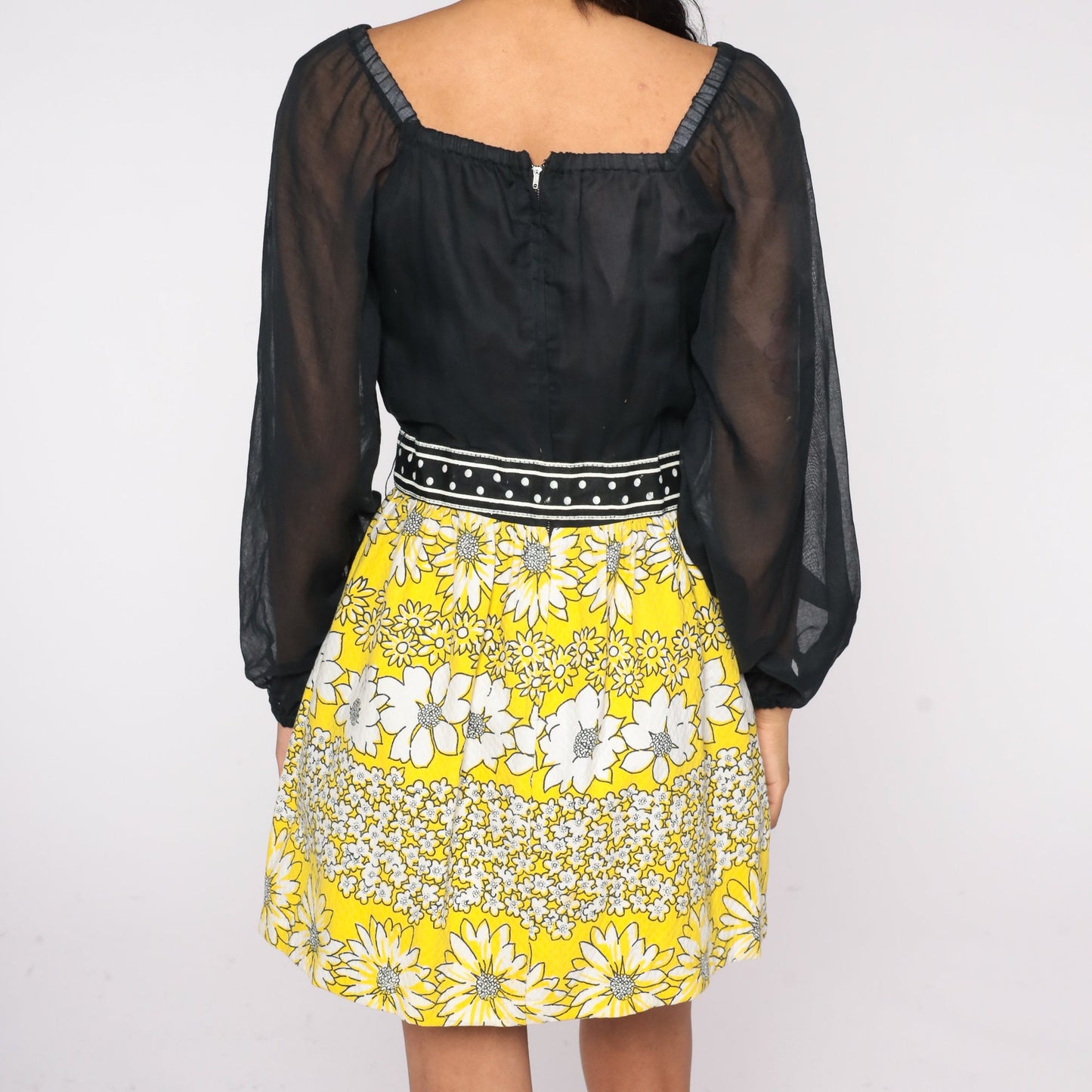 60s Black Yellow Floral Mini Dress Balloon Sleeve Square Neck Small S