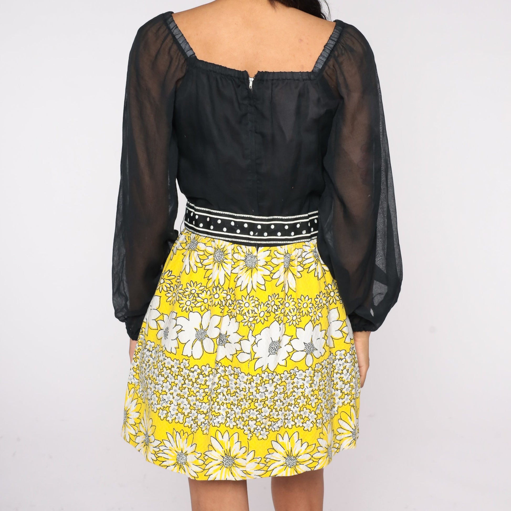 60s Black Yellow Floral Mini Dress Balloon Sleeve Square Neck Small S