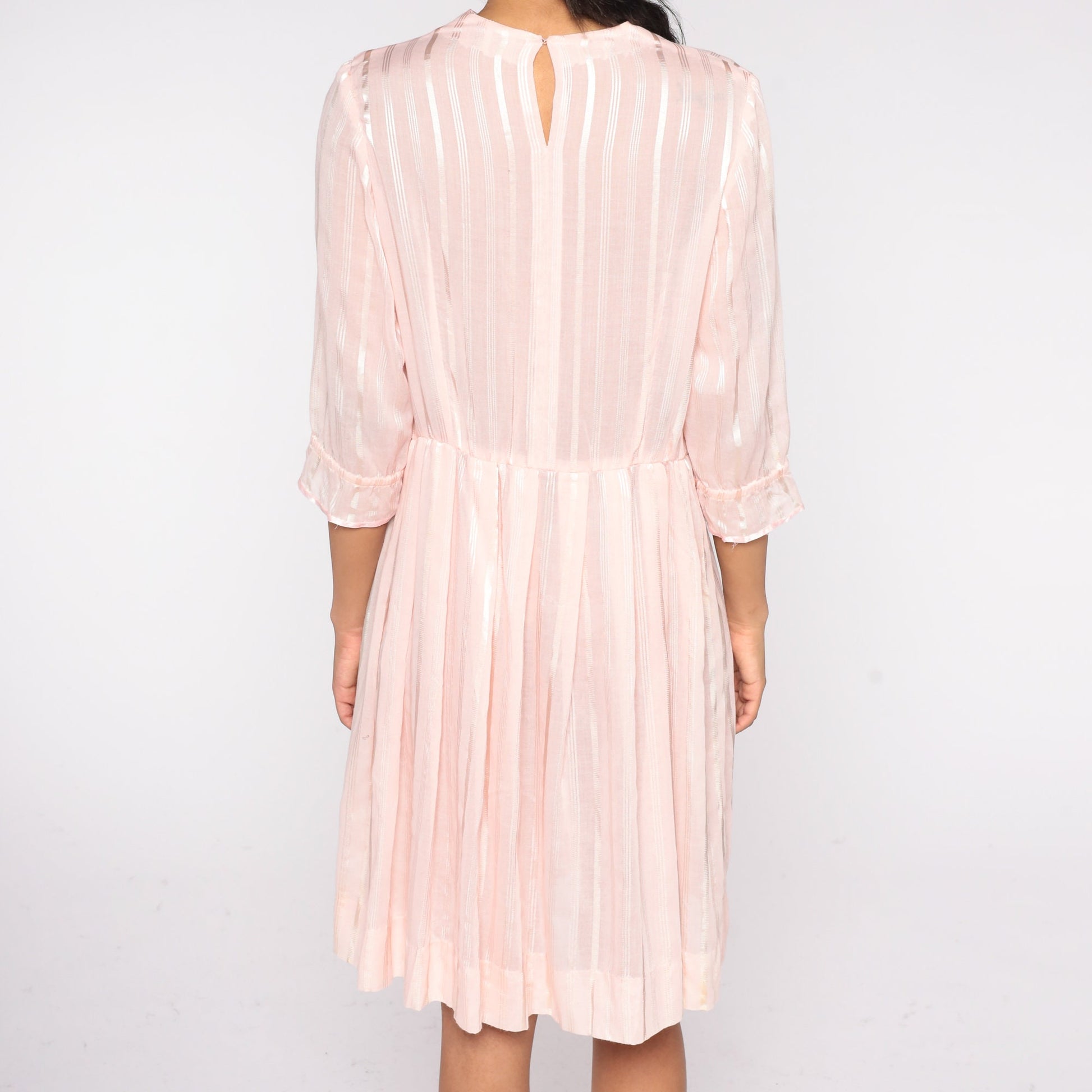 70s Baby Pink Striped Mini Dress High Waist Pleated Rosette Detail Medium Large