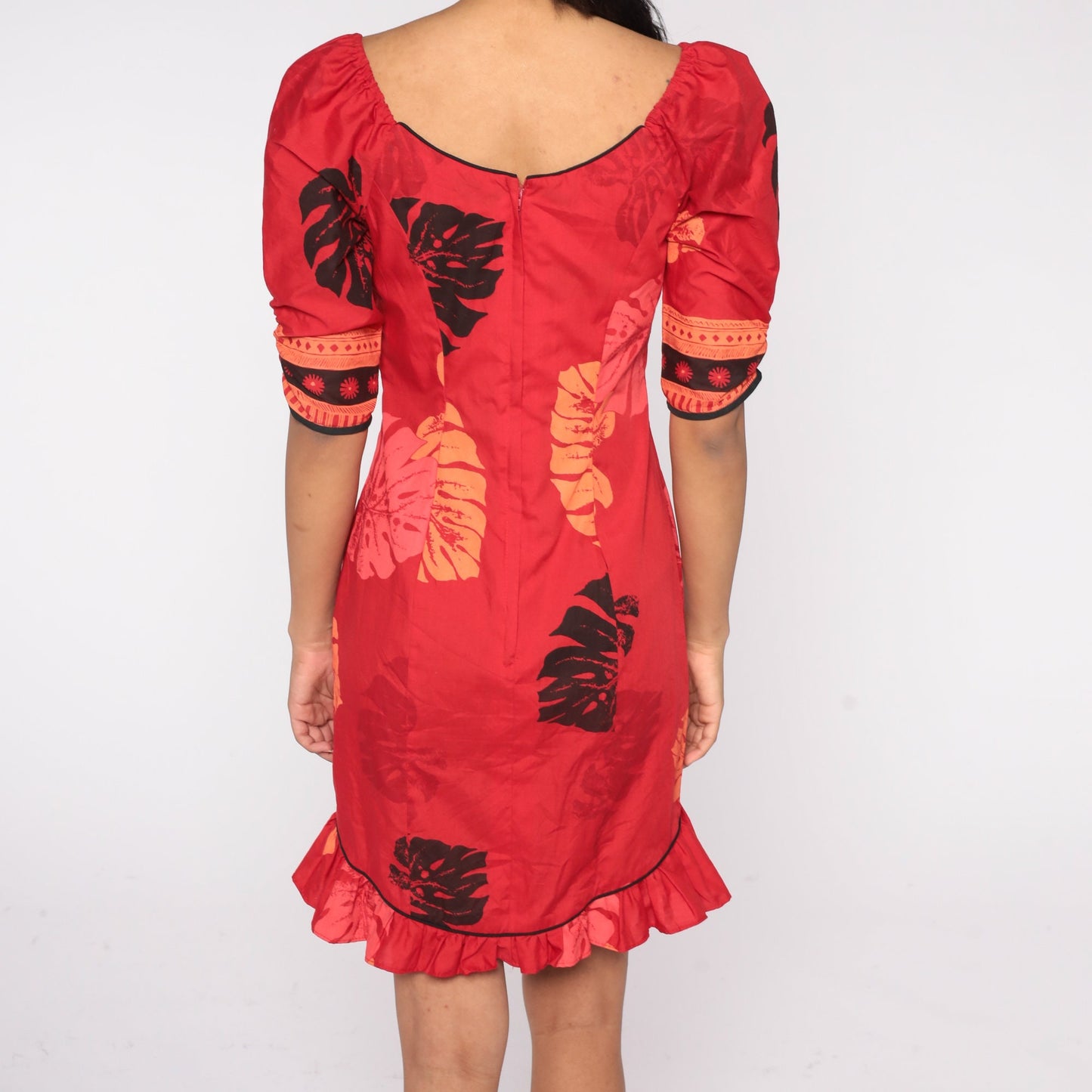80s Hawaiian Red Tropical Leaf Mini Dress Ruffled Sheath Puff Sleeve Small
