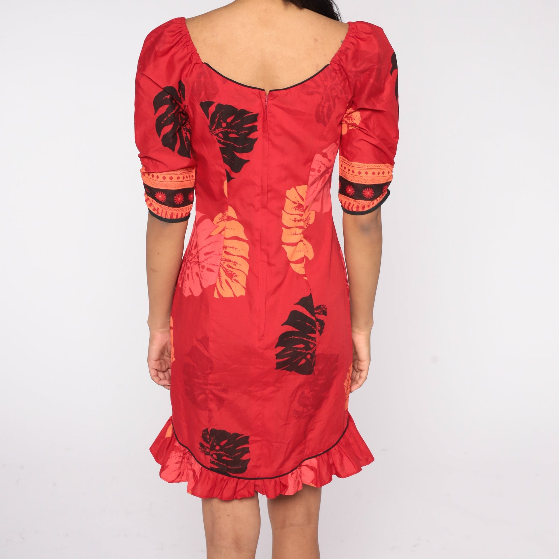 80s Hawaiian Red Tropical Leaf Mini Dress Ruffled Sheath Puff Sleeve Small