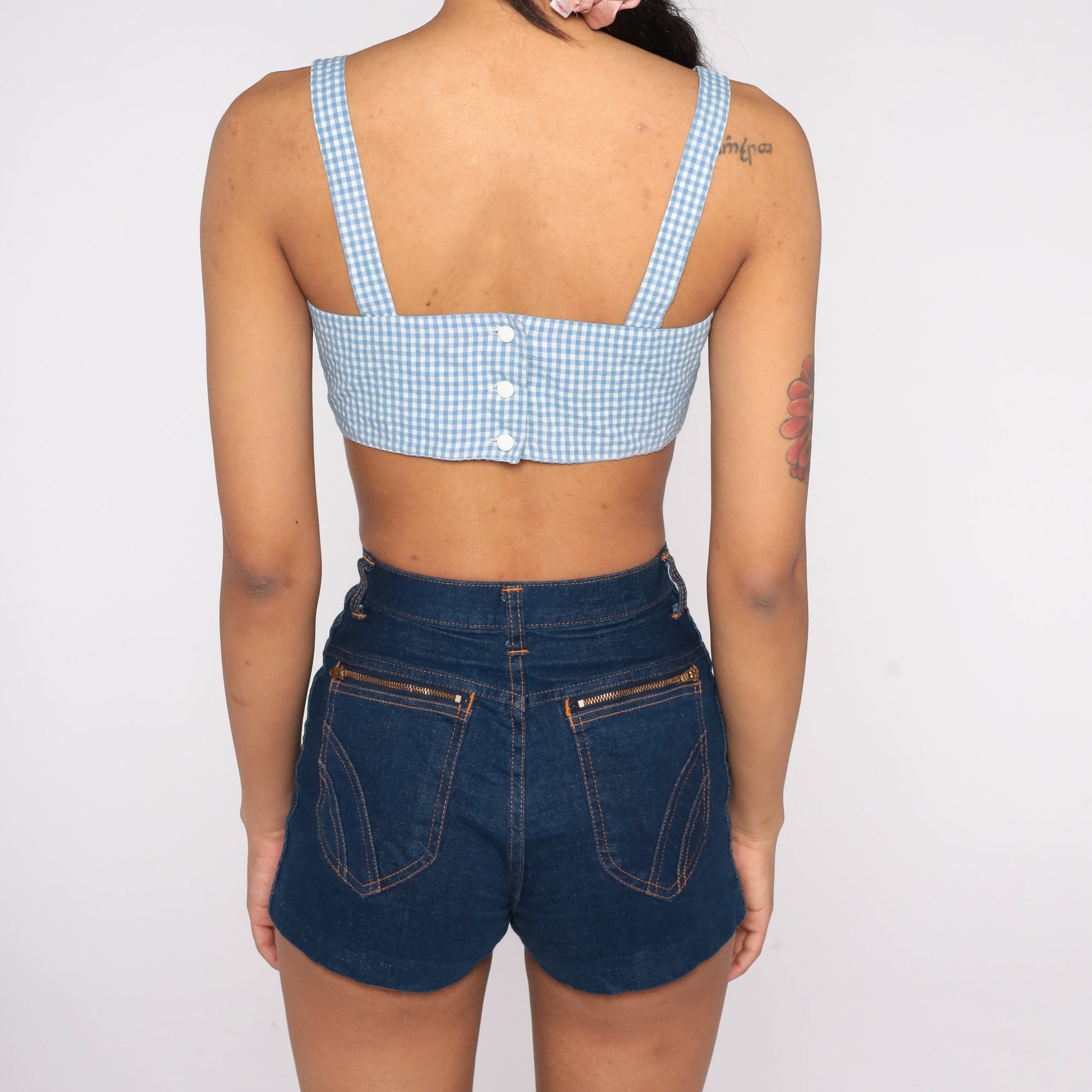 60s Blue Gingham Crop Tank Top Checkered Sleeveless Small