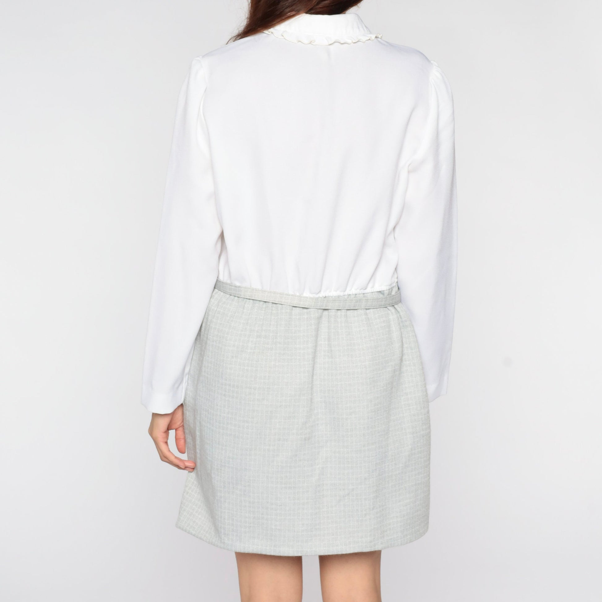 80s Leslie Fay Mini Dress Puff Sleeve Peter Pan Collar Checkered Medium Large