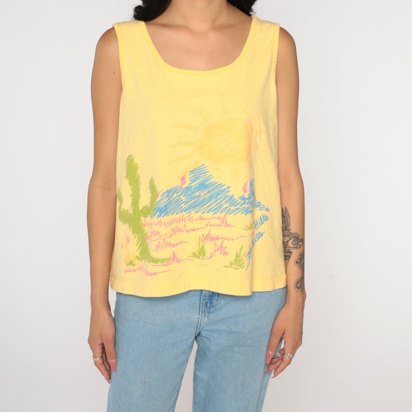 90s Beverly Hills Blues Desert Tank Top Yellow Graphic Cactus Medium