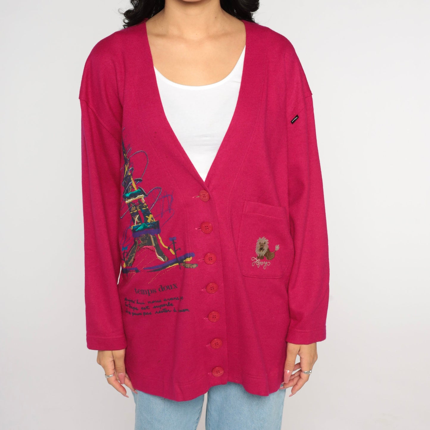 90s Paris Cardigan Dark Pink Eiffel Tower Lion Embroidered Temps Doux Large L
