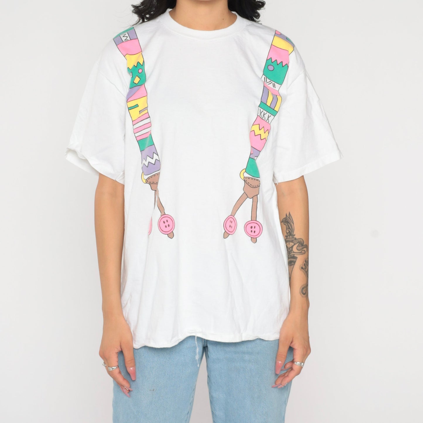 80s Suspenders Graphic Cotton T-Shirt Colorful Print Single Stitch Extra Large