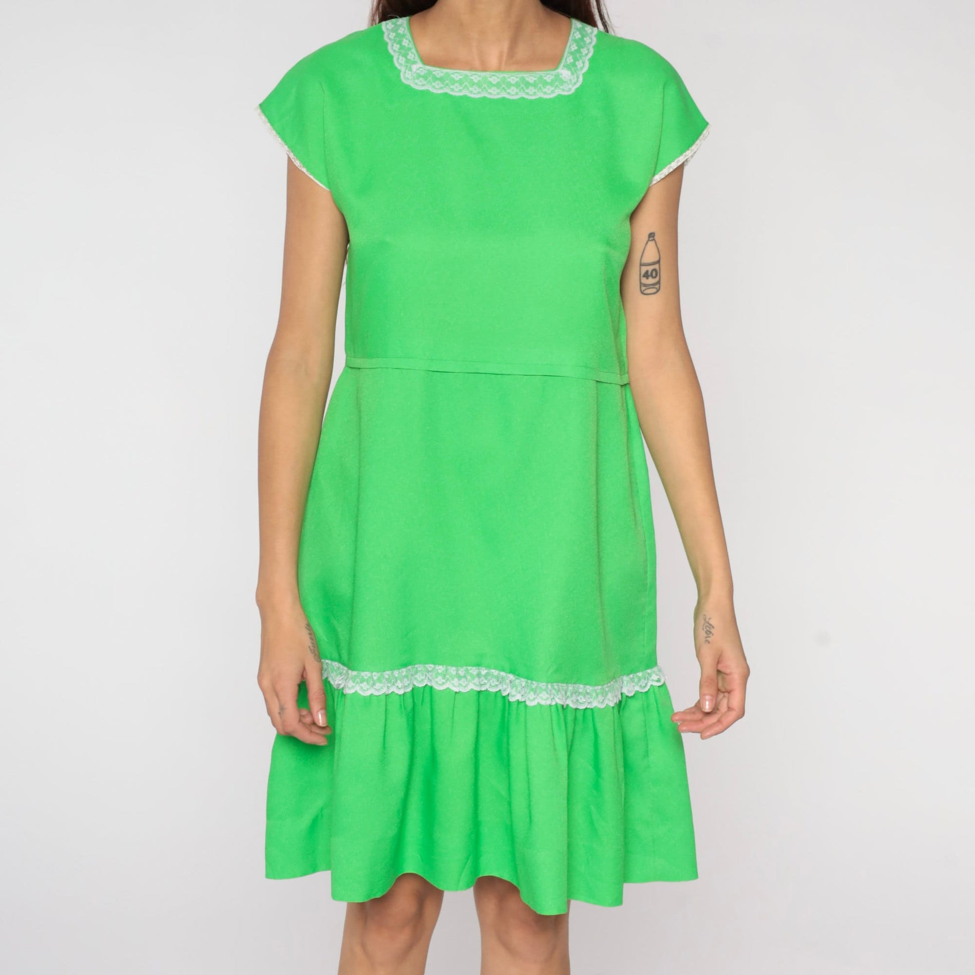 60s Lime Green Mini Dress Cap Sleeve High Waist Fit Flare Small S