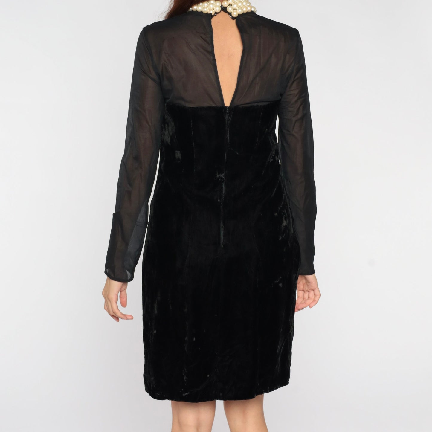 80s Black Velvet Beaded Sweetheart Dress Illusion Neckline Sheath Cocktail Medium