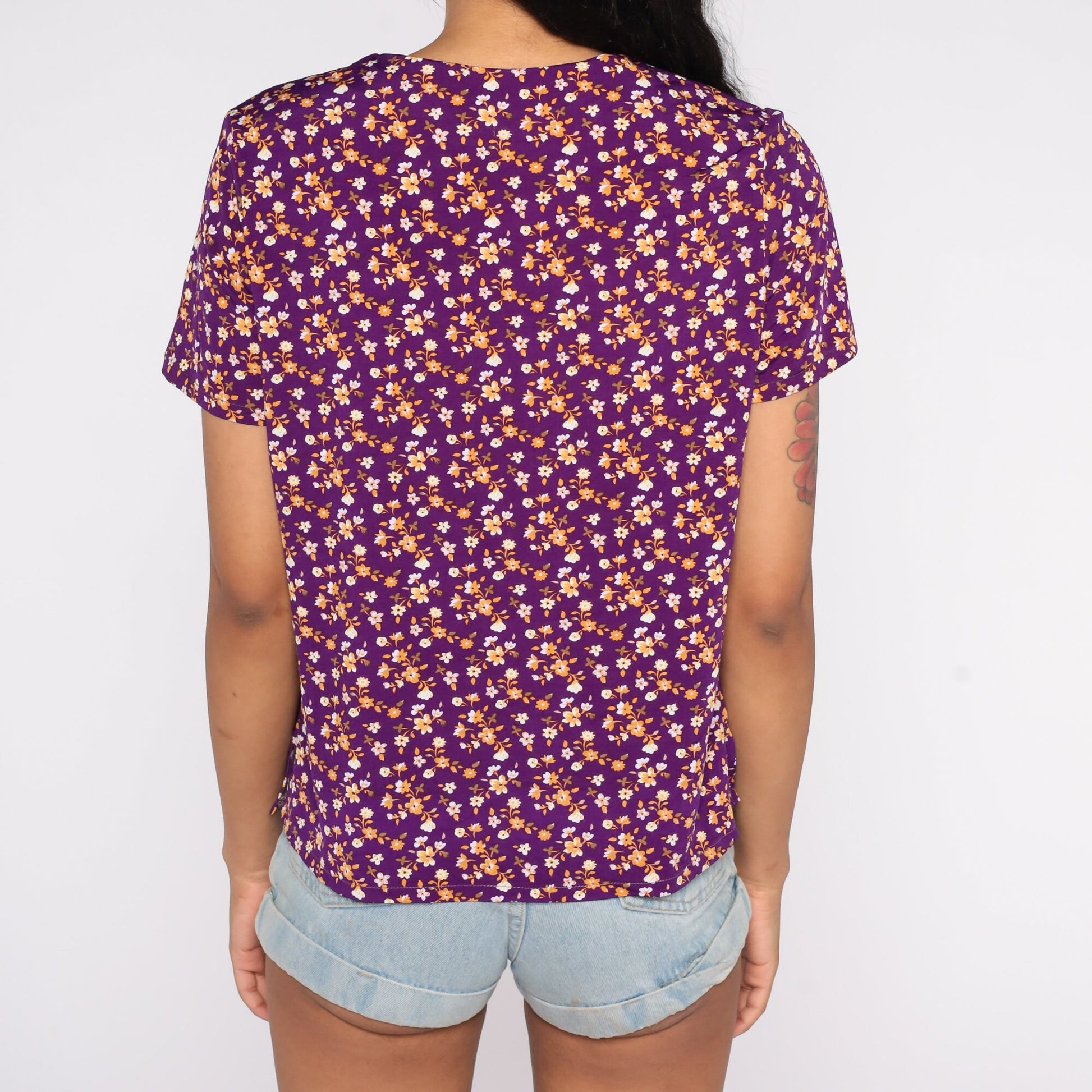 90s Purple Floral Button-Up Blouse Short Sleeve Shirt Large