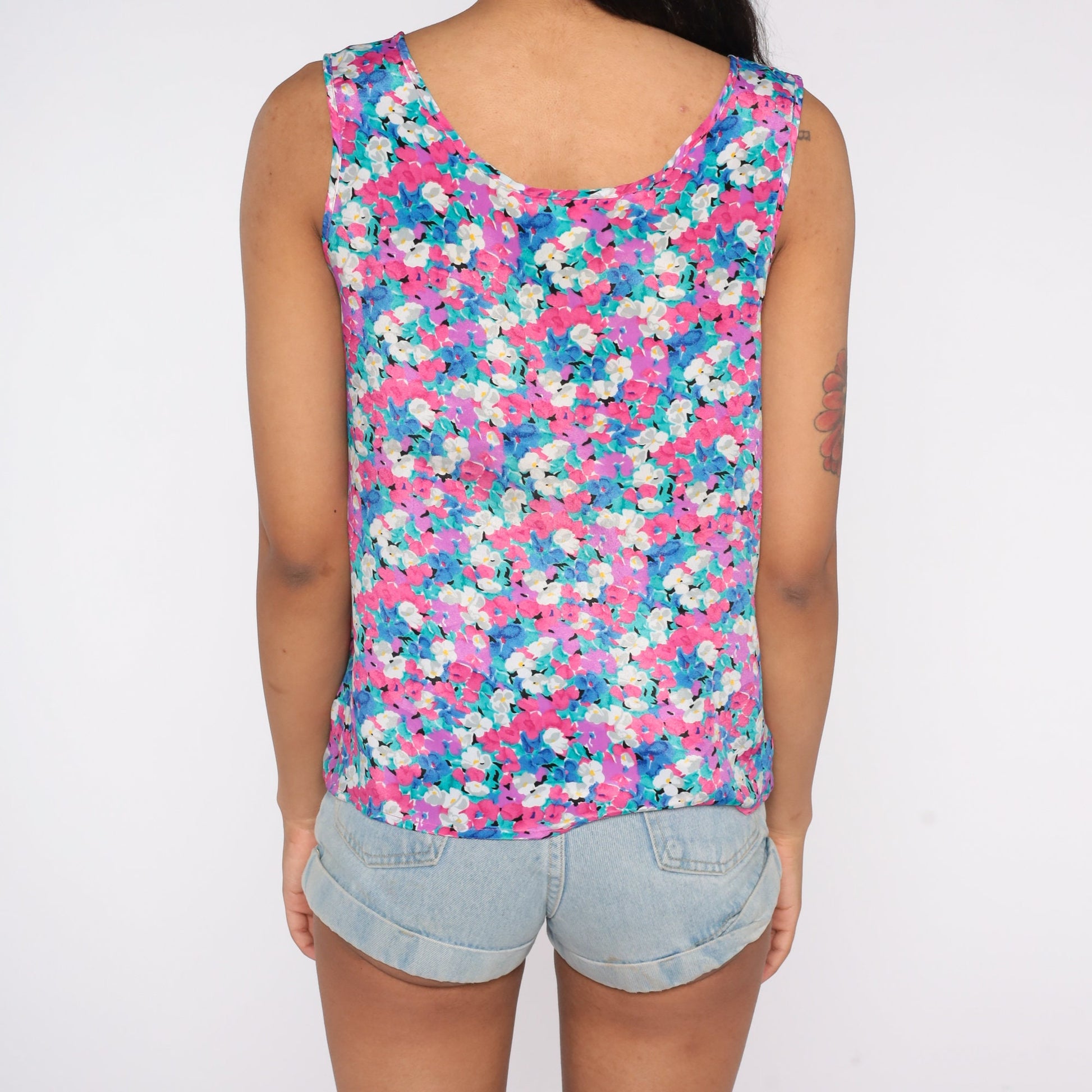 90s Pink Floral Tank Top Sleeveless Blouse Flower Print Small S