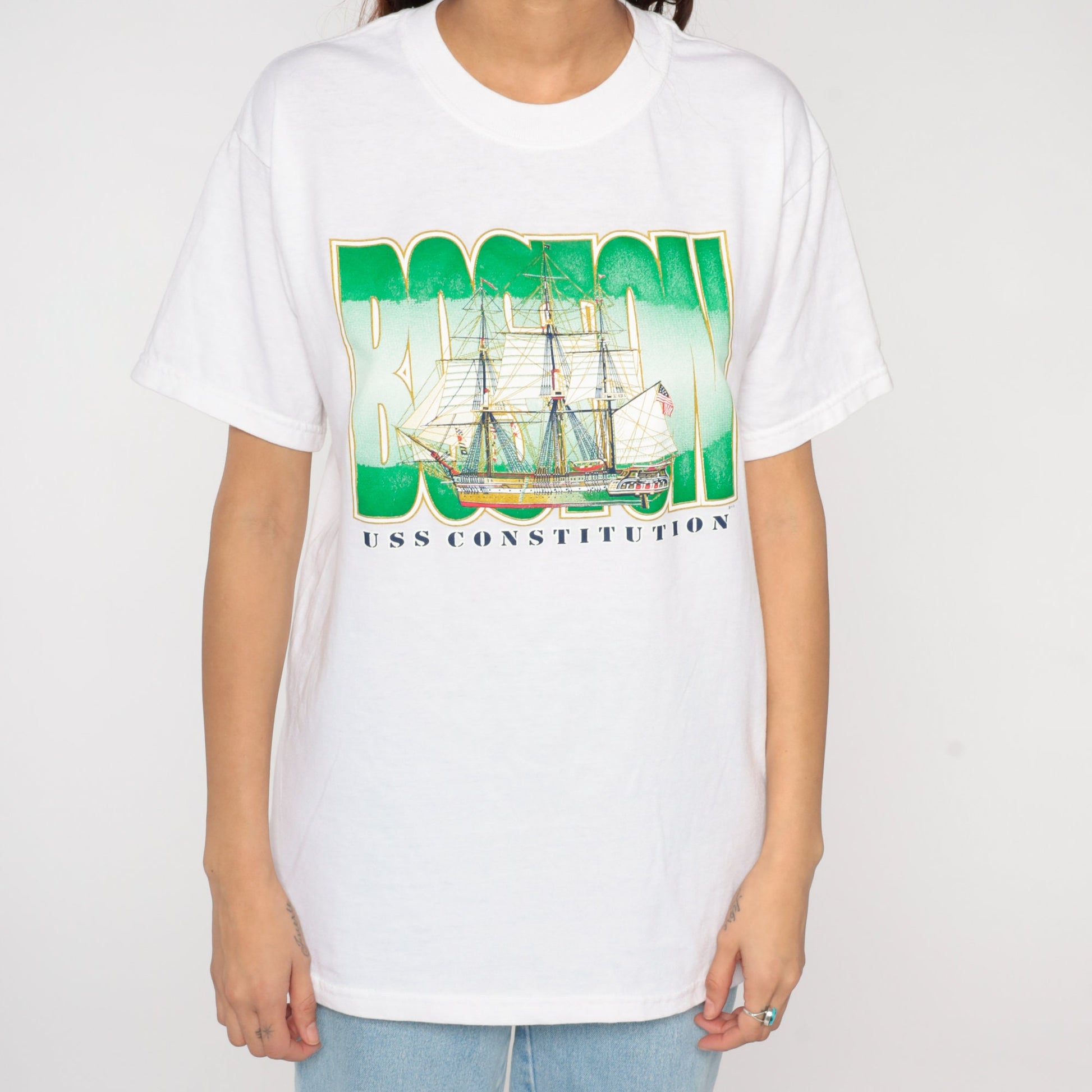 Y2K USS Constitution Boston Graphic T-Shirt Navy Medium
