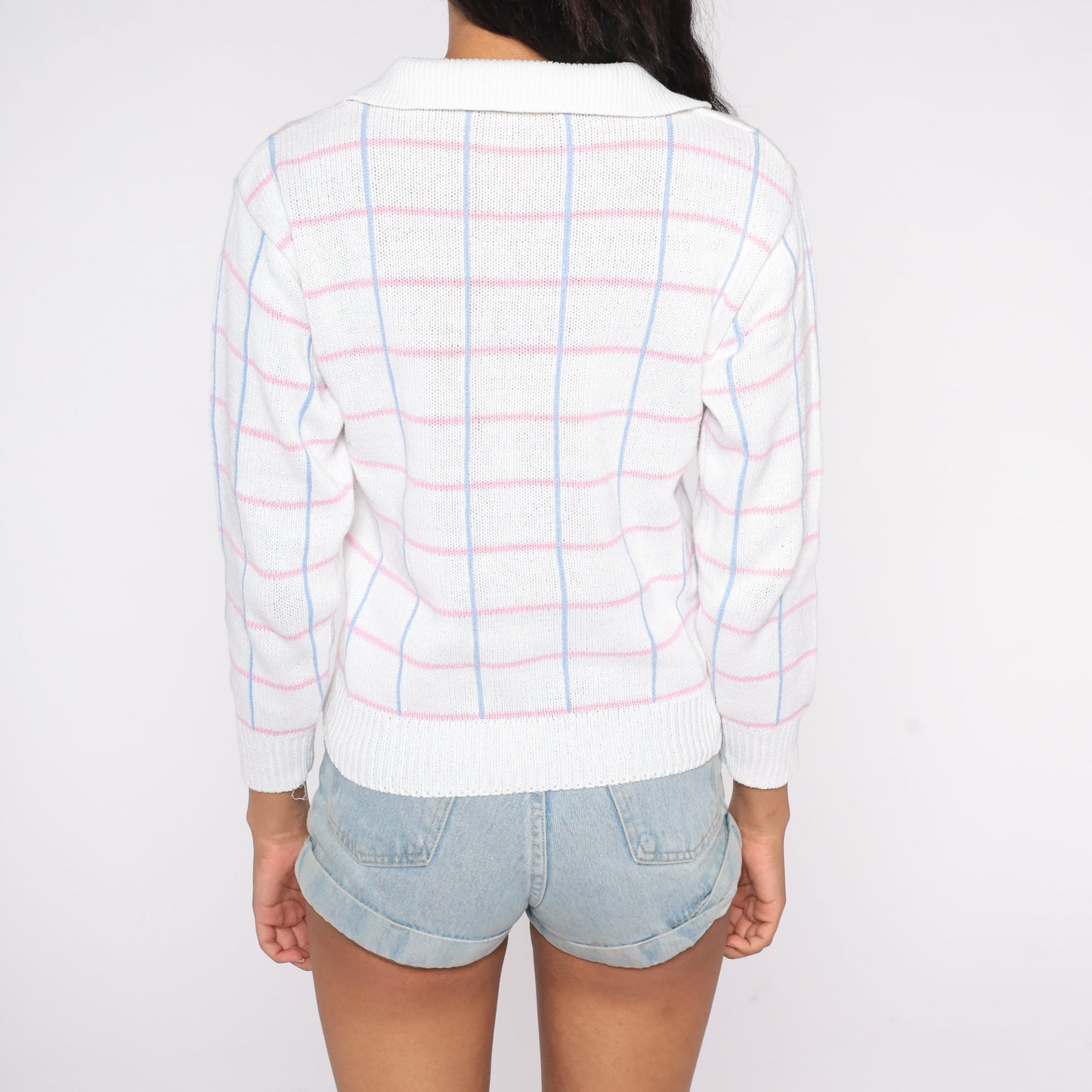 90s White Checkered Collared Sweater Blue Pink Cotton Ramie Knit Small