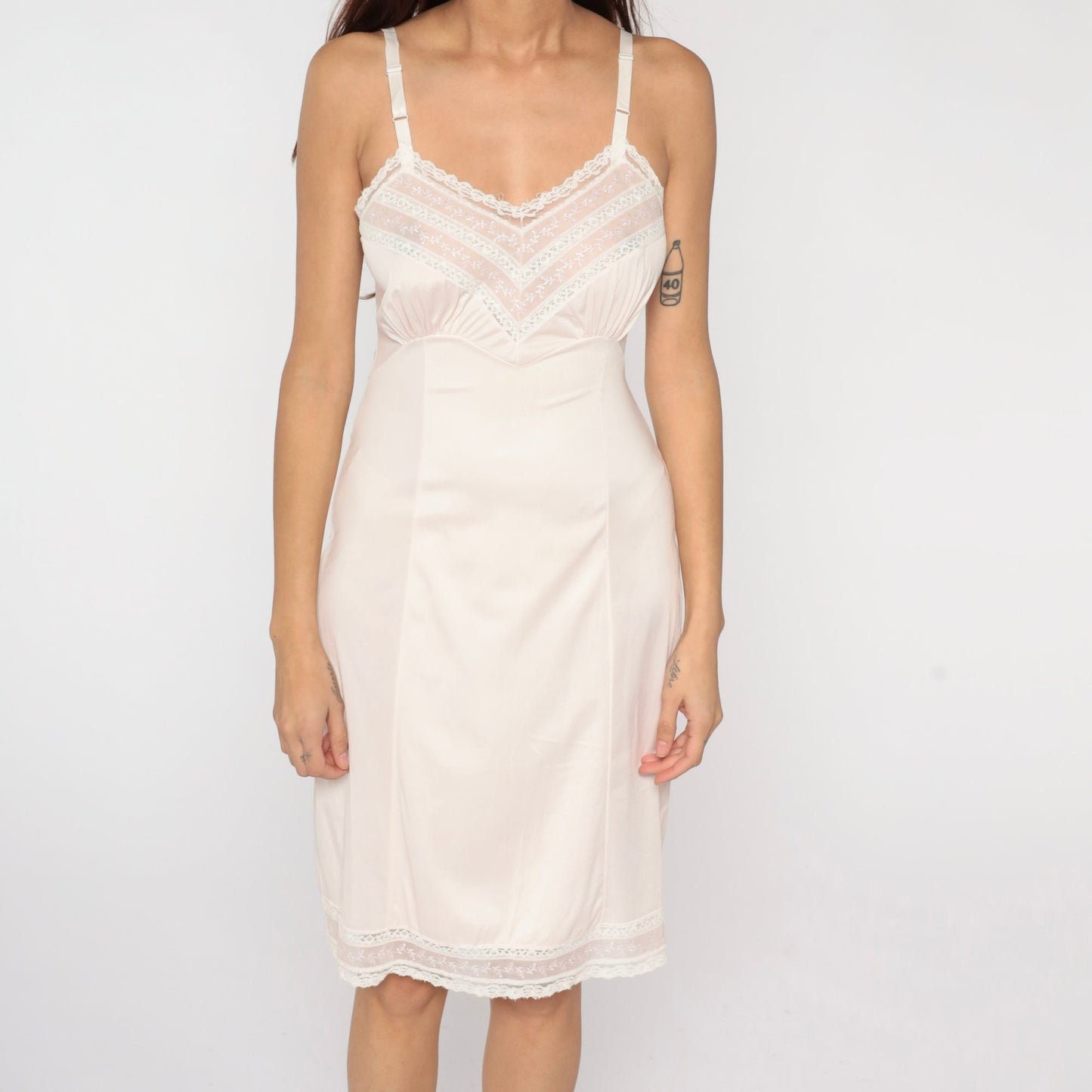 70s Adonna Pink Lace Slip Dress Empire Waist Spaghetti Strap Mini Extra Small