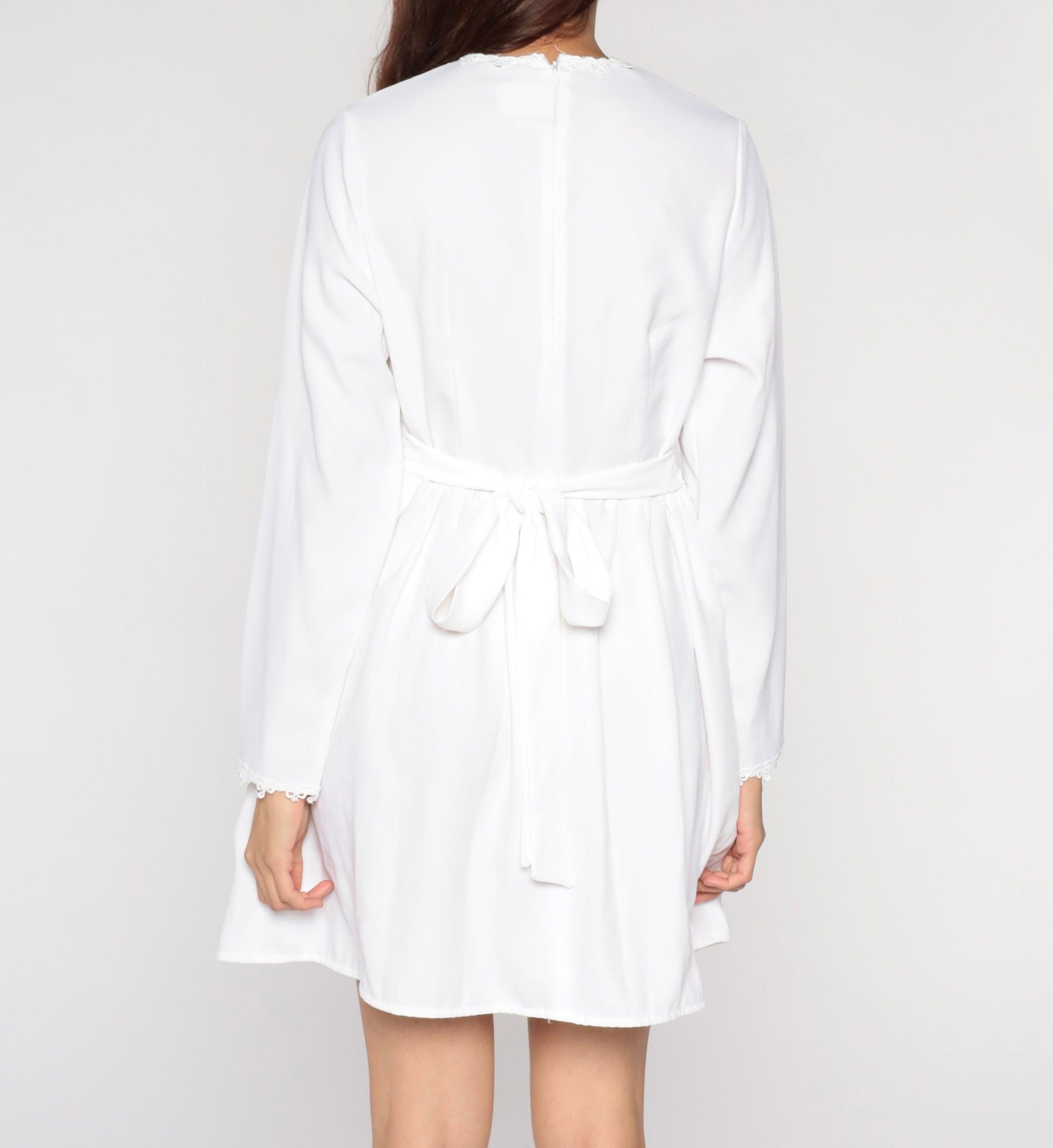 90s White Lace Mini Dress High Waist Long Sleeve Party Small