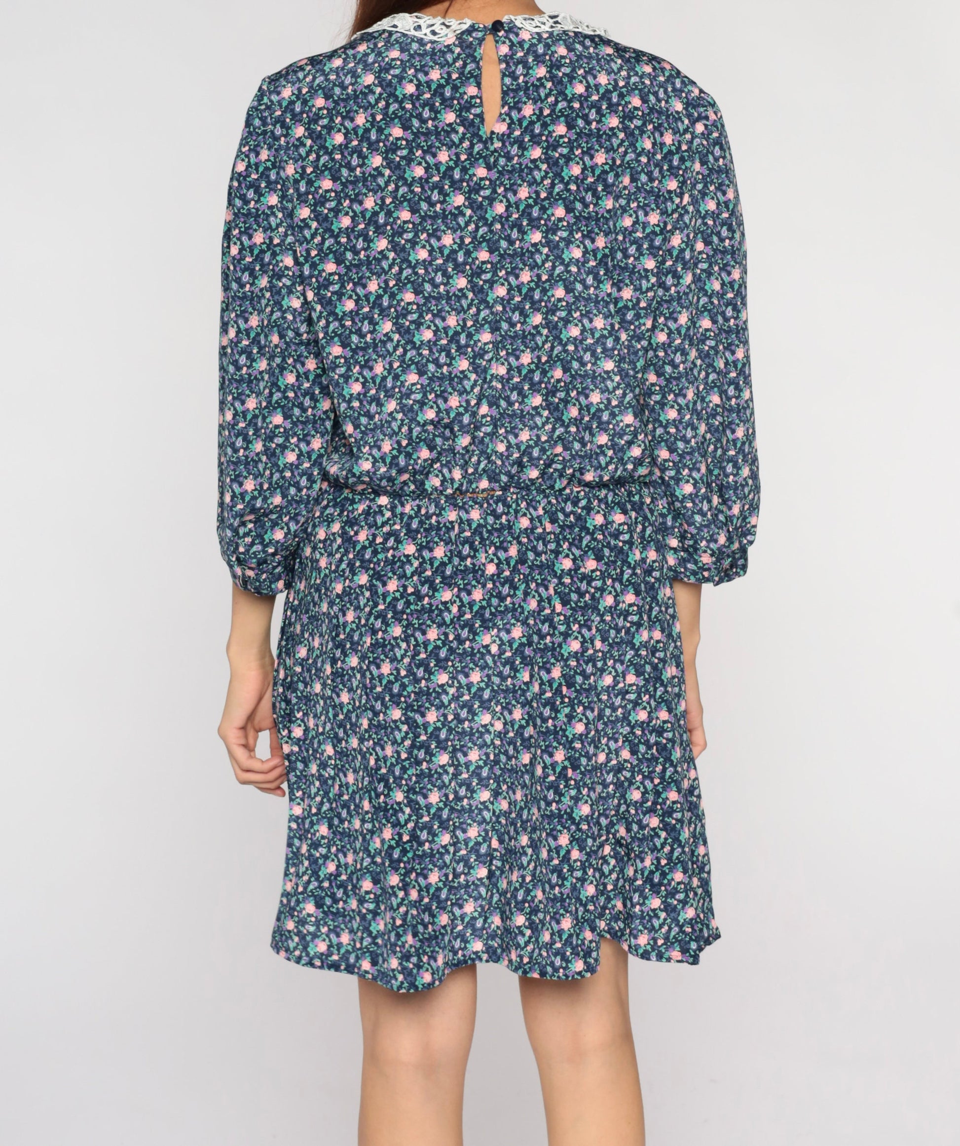 80s Blue Floral Mini Dress Lace Collar 3/4 Sleeve Plus Size XL