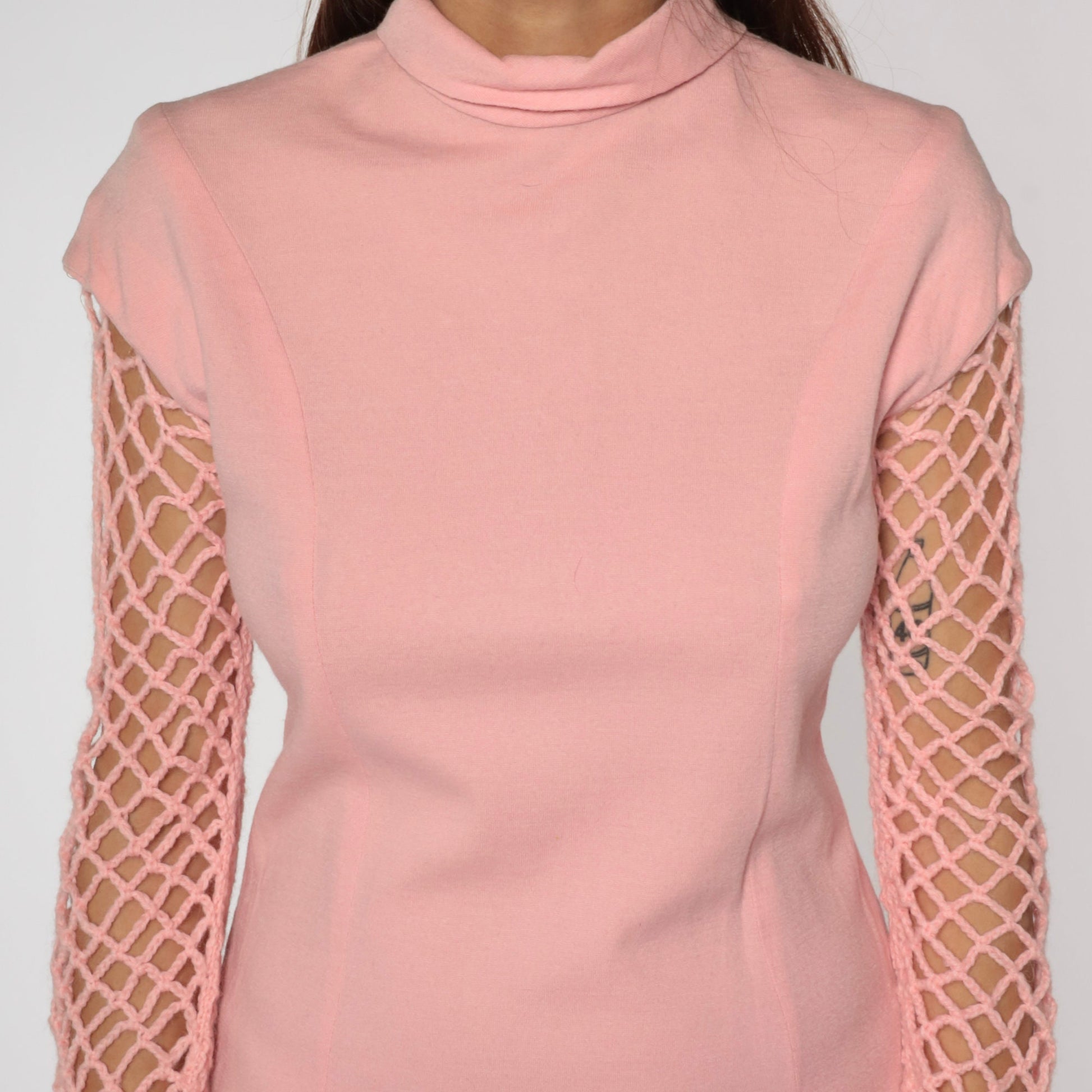 60s Mod Mini Dress Baby Pink Crochet Sleeve Mock Neck Small