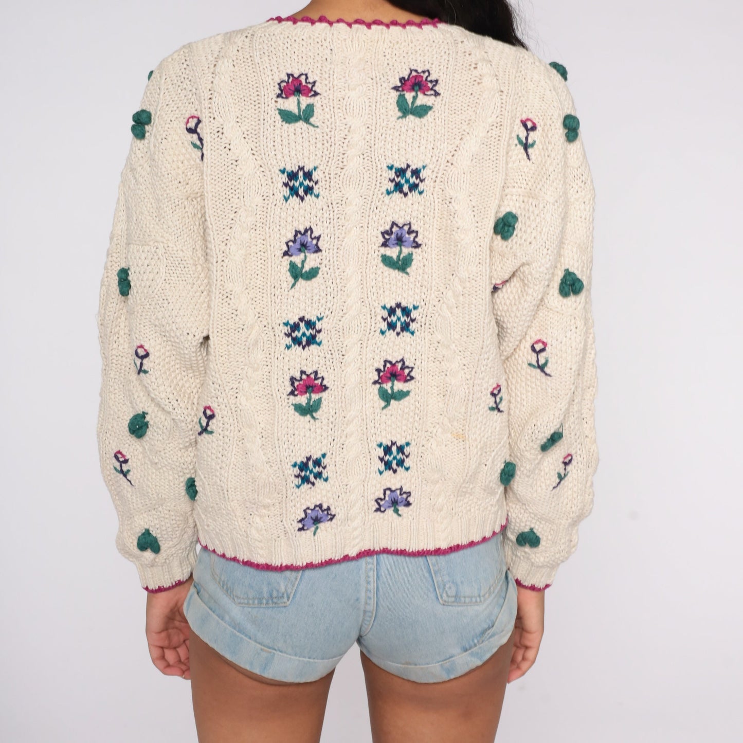 90s Cream Cable Knit Floral Cardigan Button Up Sweater Extra Large XXL