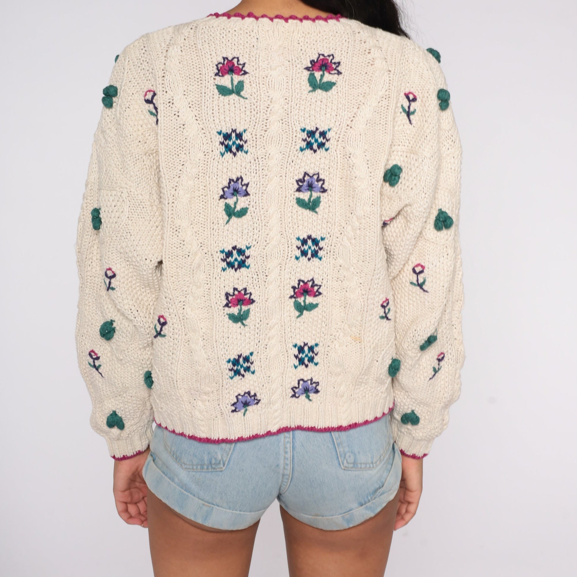 90s Cream Cable Knit Floral Cardigan Button Up Sweater Extra Large XXL