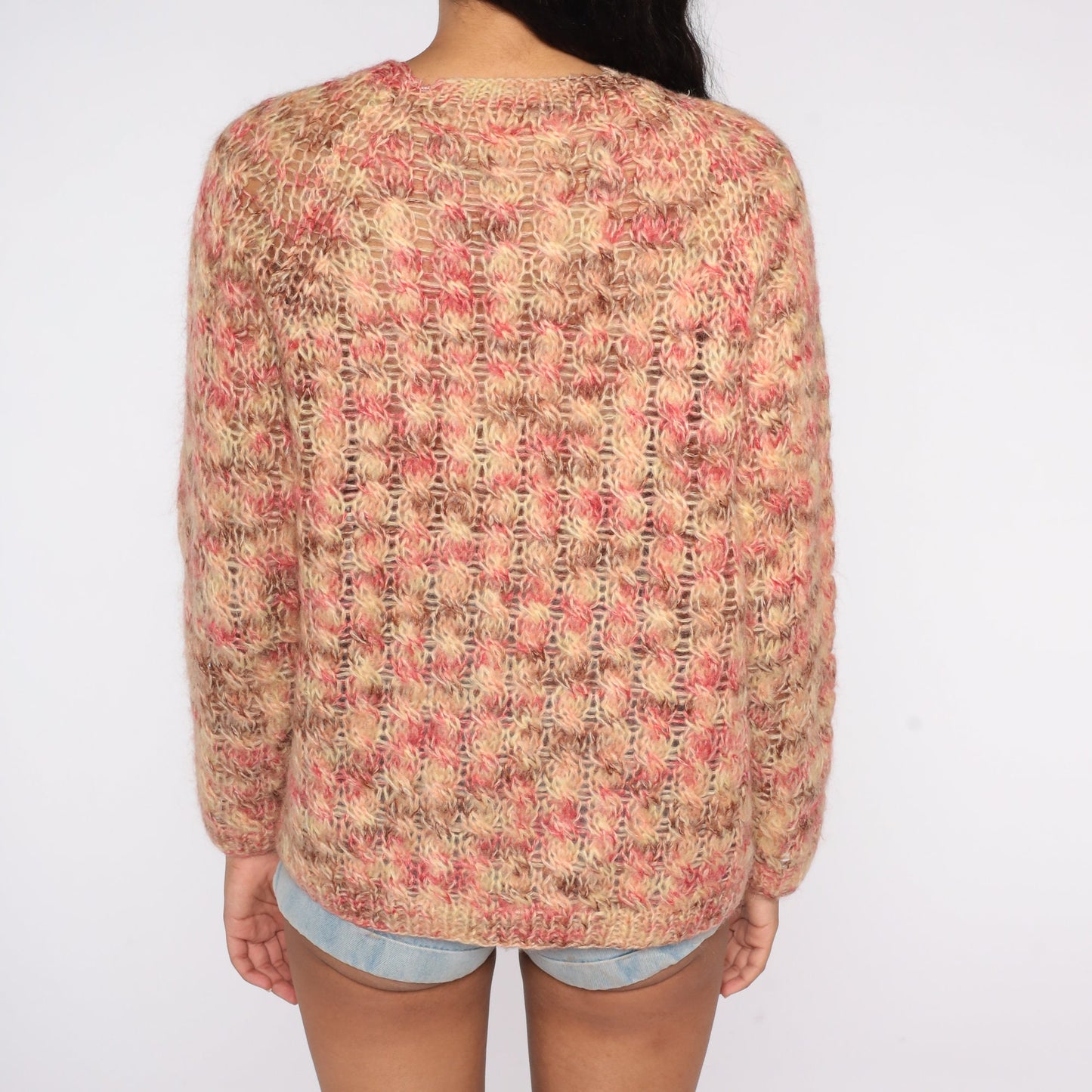 60s Cardigan Sweater Multicolor Pink Beige Brown Knit Button Up Large L