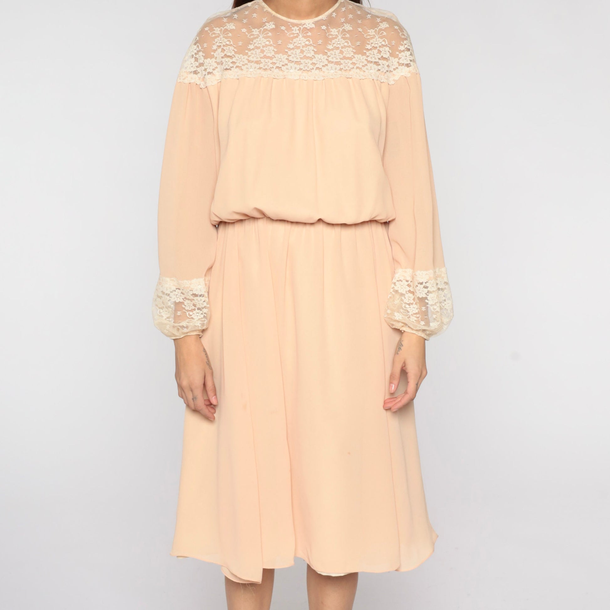 70s Peach Lace Midi Dress Illusion Neckline Long Sleeve High Waist Medium