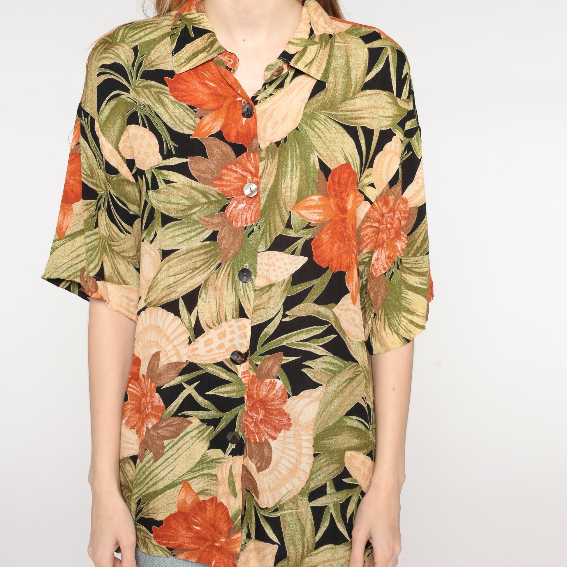 90s Tropical Floral Seashell Button-Up Shirt Orange Green Rayon Medium