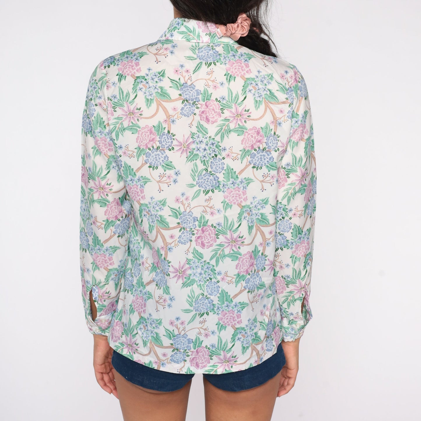 70s Floral Button-Up Shirt White Pointed Collar Long Sleeve Small S