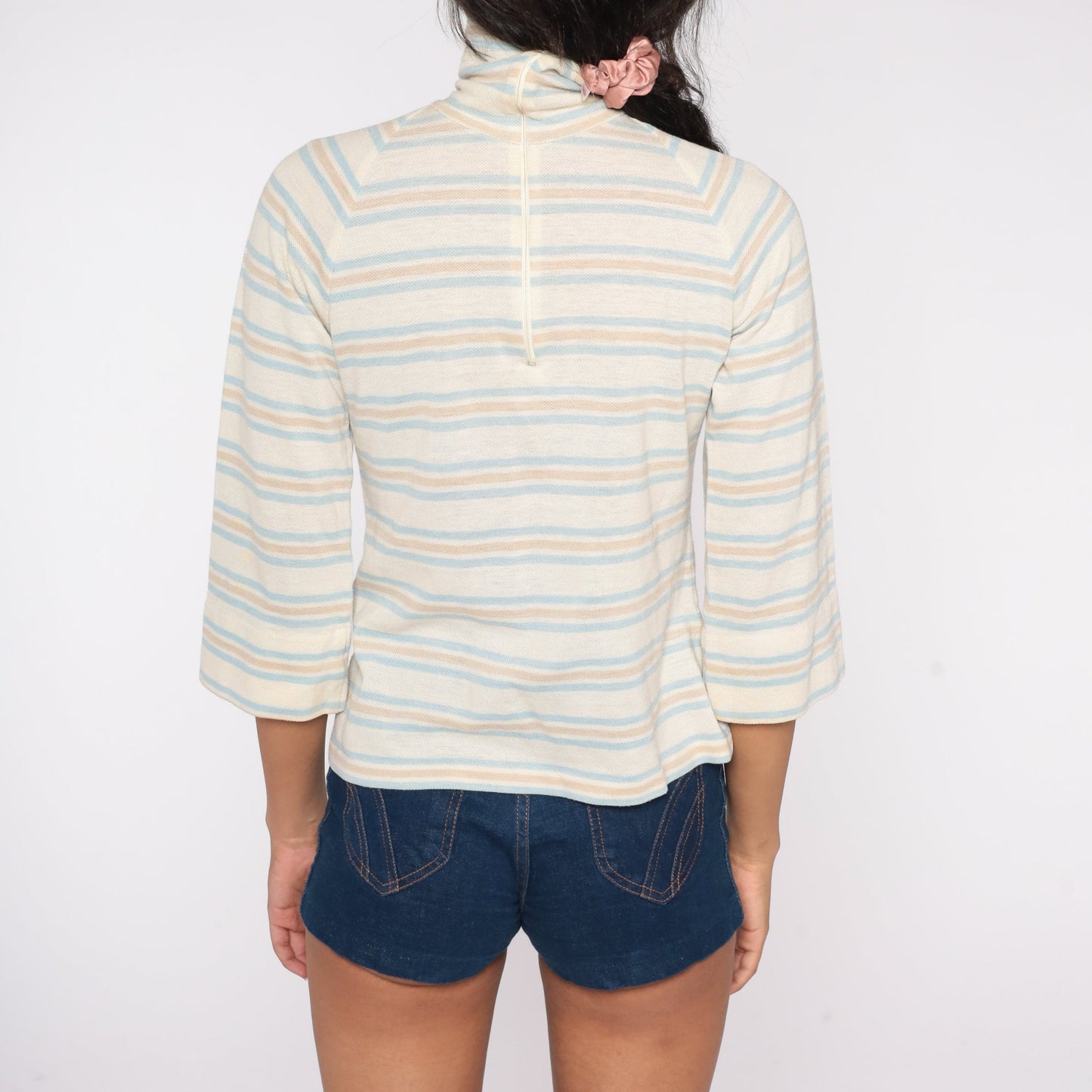 70s Striped Turtleneck Raglan Sleeve Shirt Off-White Blue Small