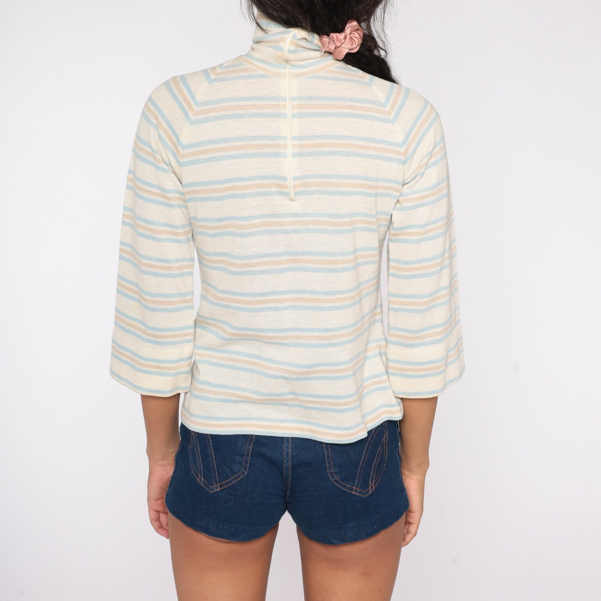 70s Striped Turtleneck Raglan Sleeve Shirt Off-White Blue Small
