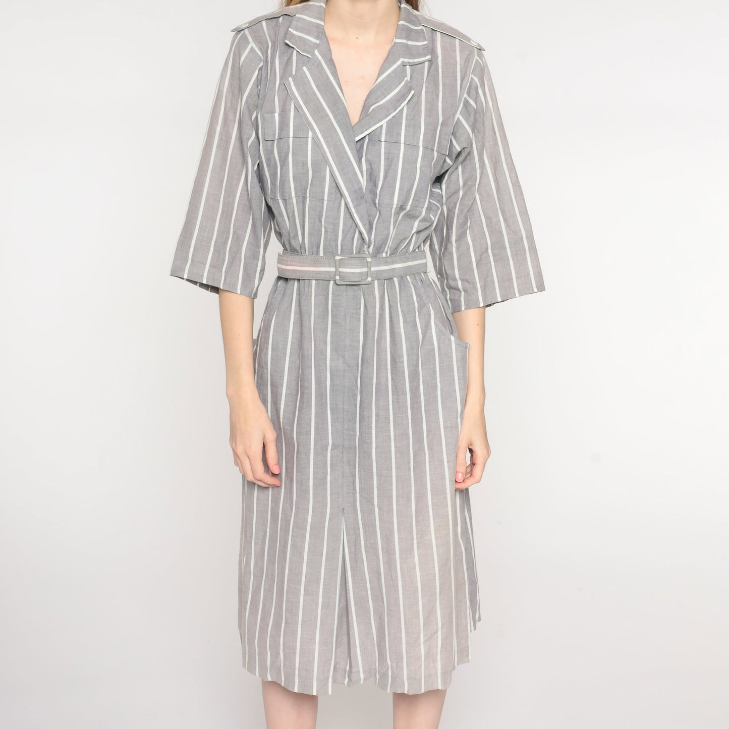 80s Grey & White Striped Midi Wrap Dress V-Neck 3/4 Sleeve Medium