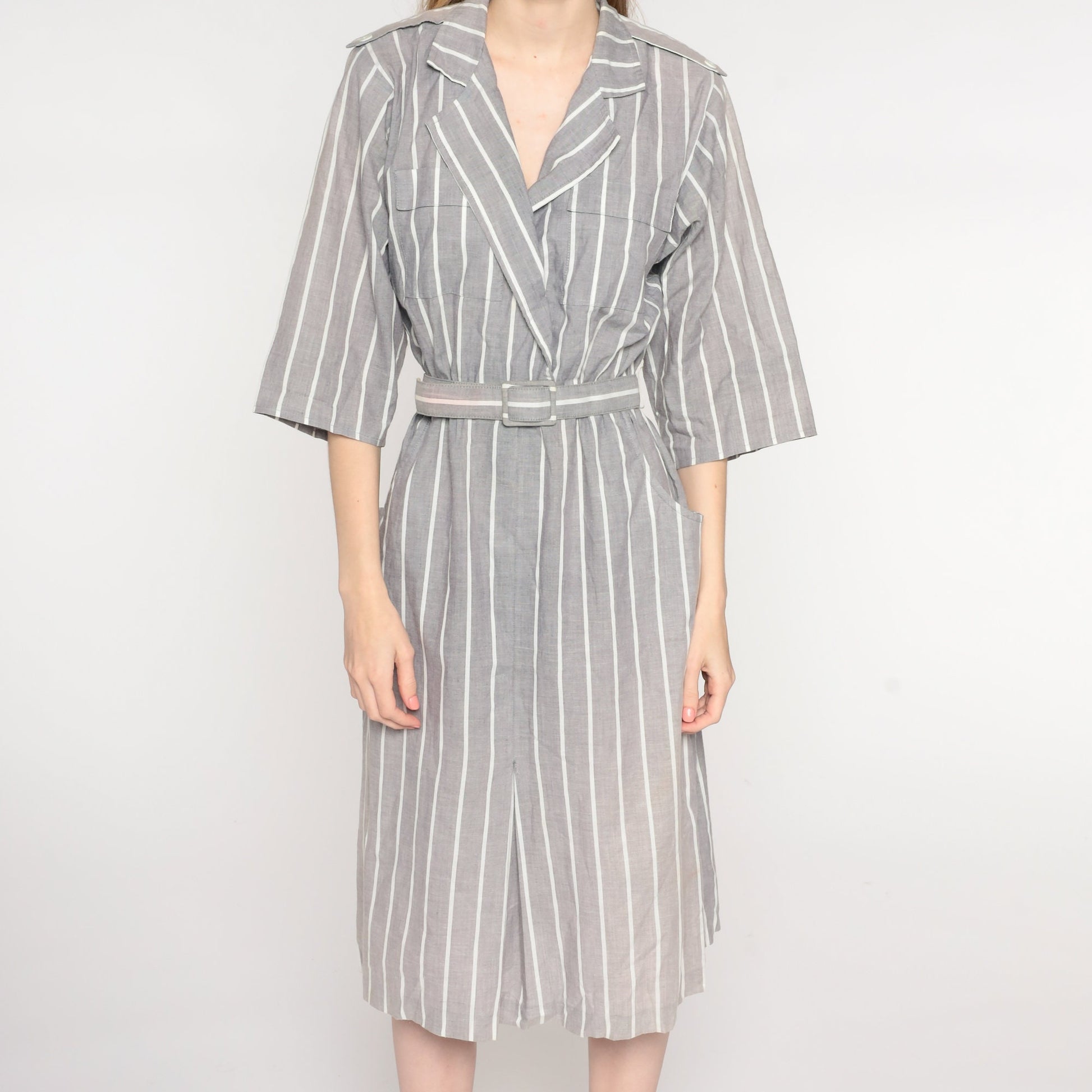 80s Grey & White Striped Midi Wrap Dress V-Neck 3/4 Sleeve Medium