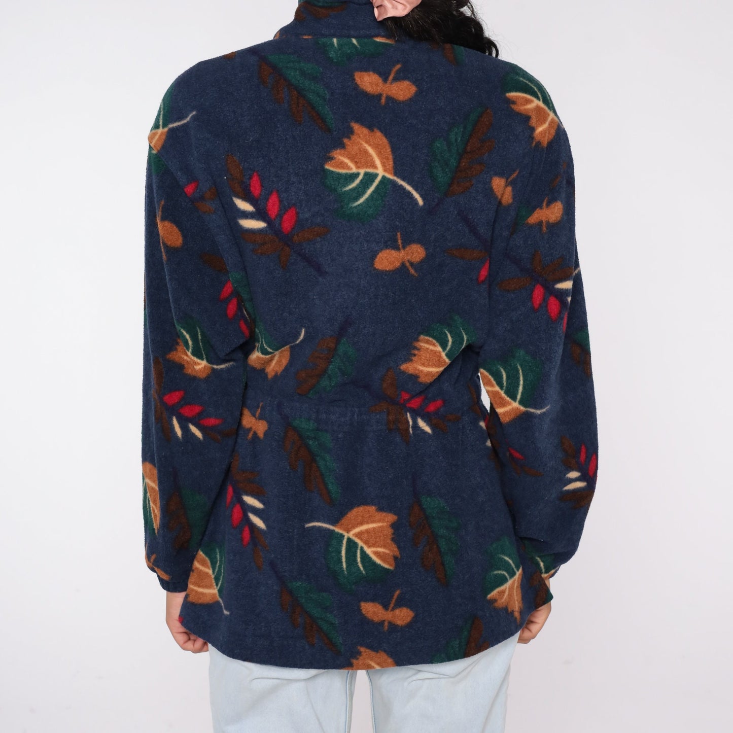 90s Navy Leaf Print Fleece Jacket Zip Up Windbreaker Medium