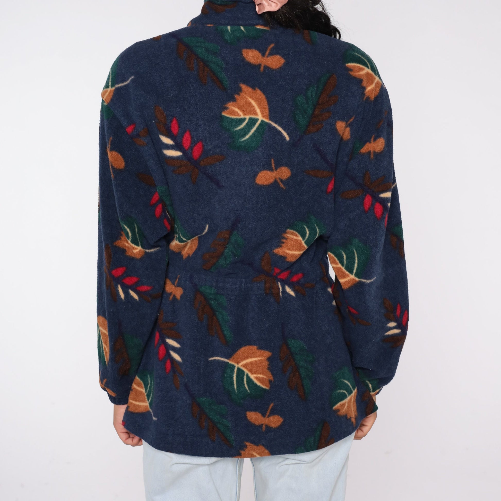 90s Navy Leaf Print Fleece Jacket Zip Up Windbreaker Medium