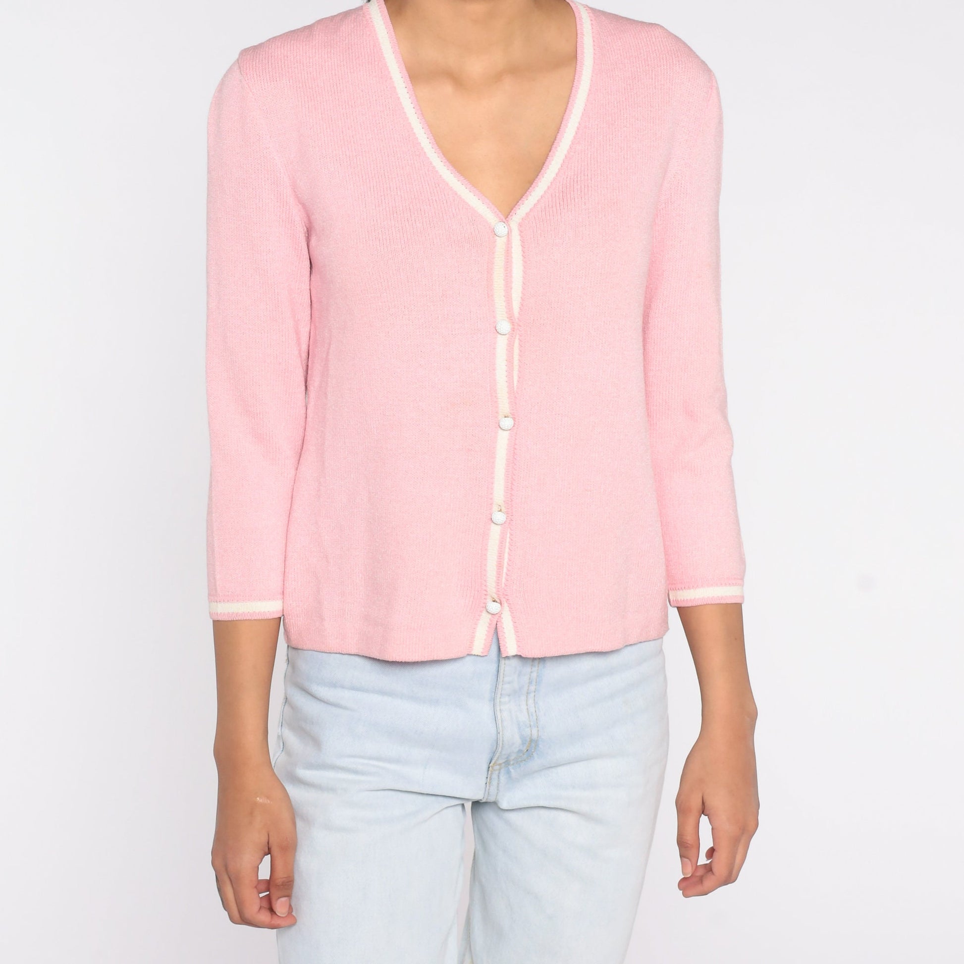 90s St John Sport Wool Cardigan Baby Pink Button Up Sweater Small