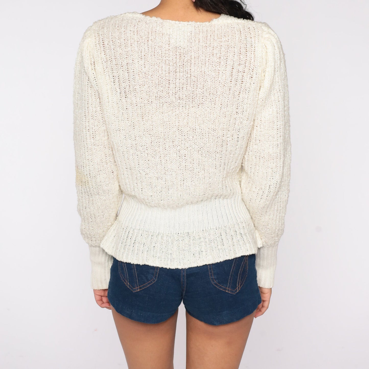 80s Off-White Deep V-Neck Cardigan Double Breasted Knit Sweater Medium M