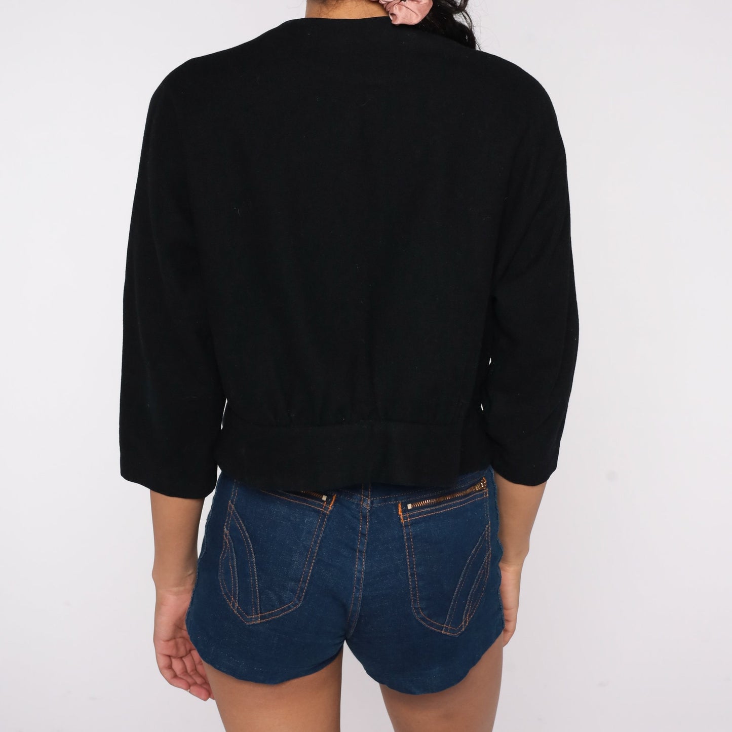 60s Black Cropped Jacket Button-Up Blazer Three-Quarter Sleeve Medium