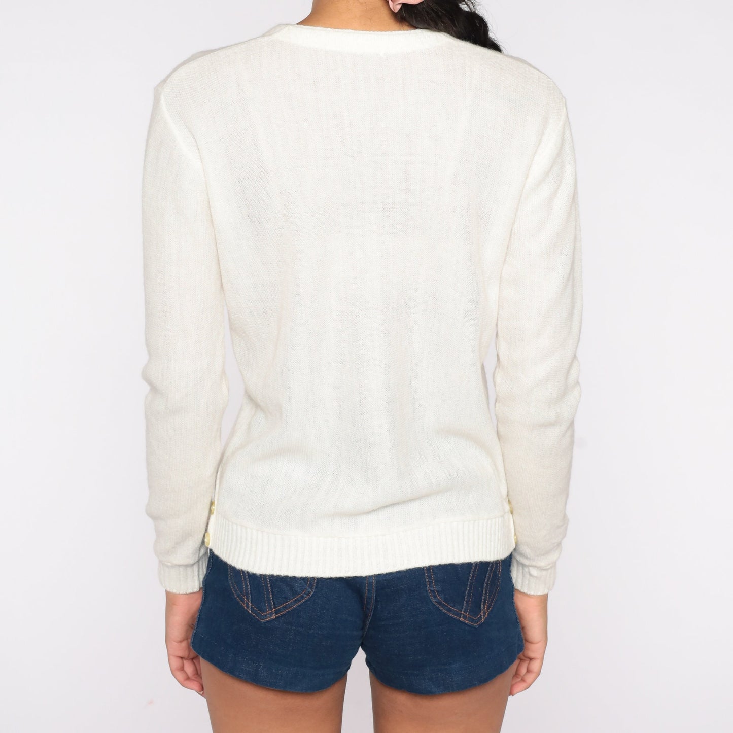 70s Golf Embroidered Cardigan Cream Knit Button-Up Sweater Extra Small
