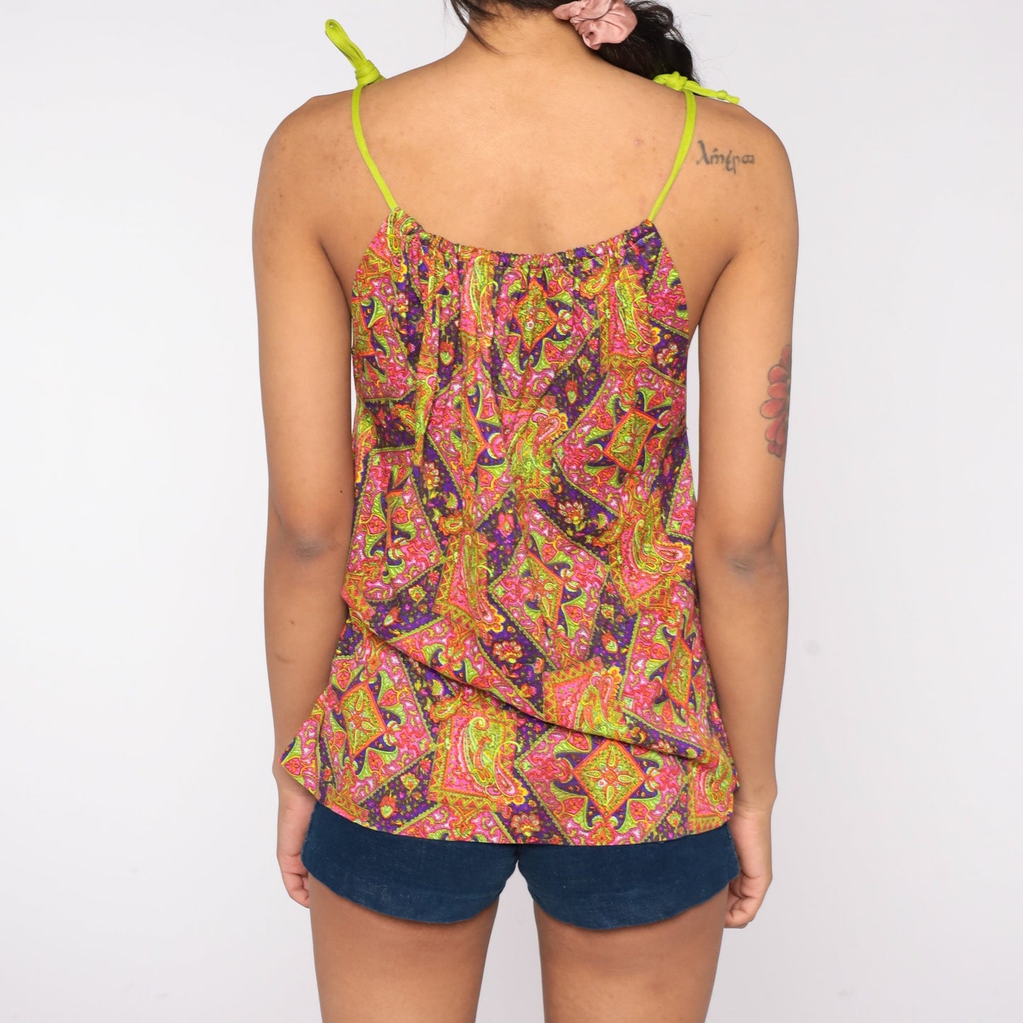 70s Psychedelic Paisley Tank Top Spaghetti Strap Geometric Print Small
