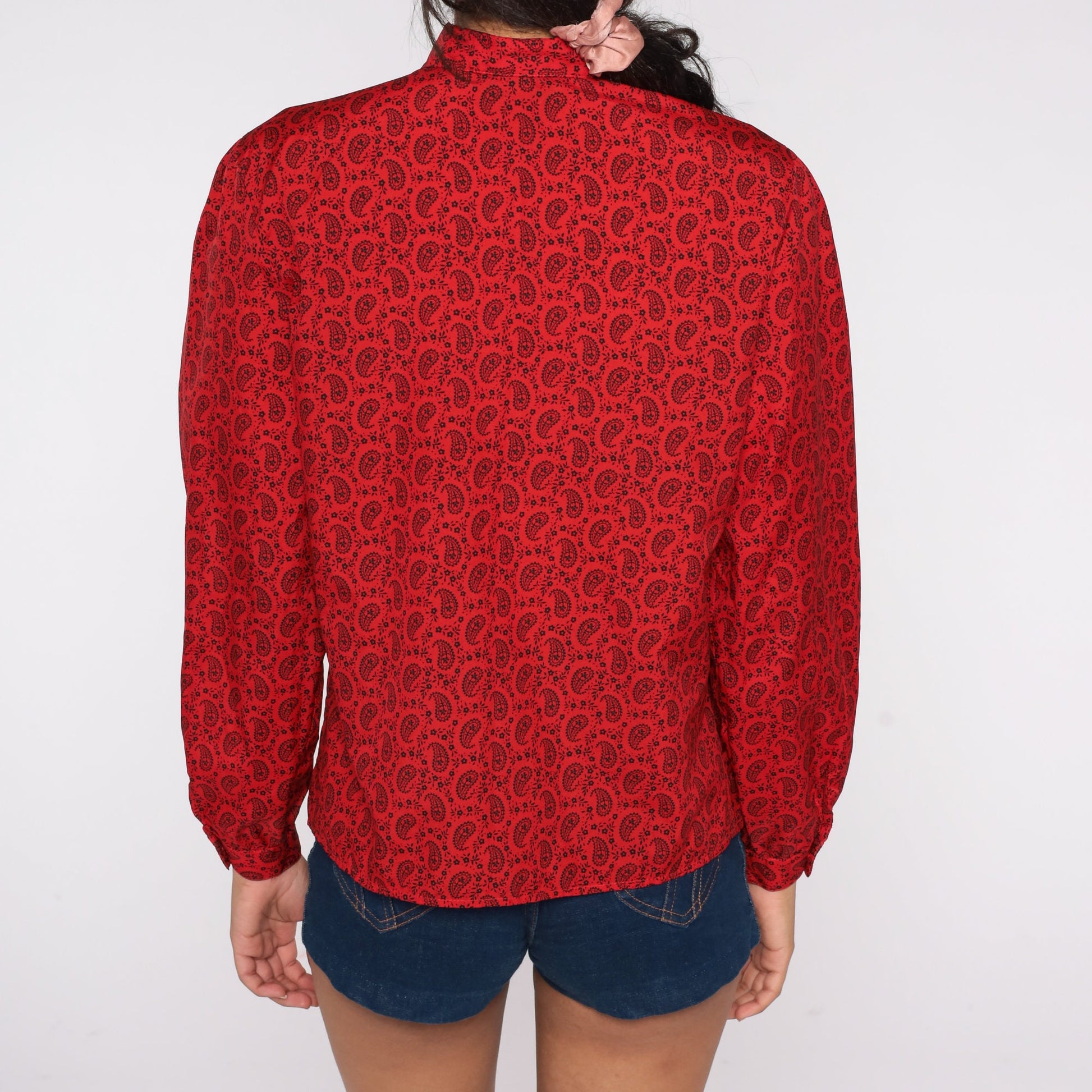 80s Red Paisley Peter Pan Collar Button-Up Blouse Puff Sleeve Medium